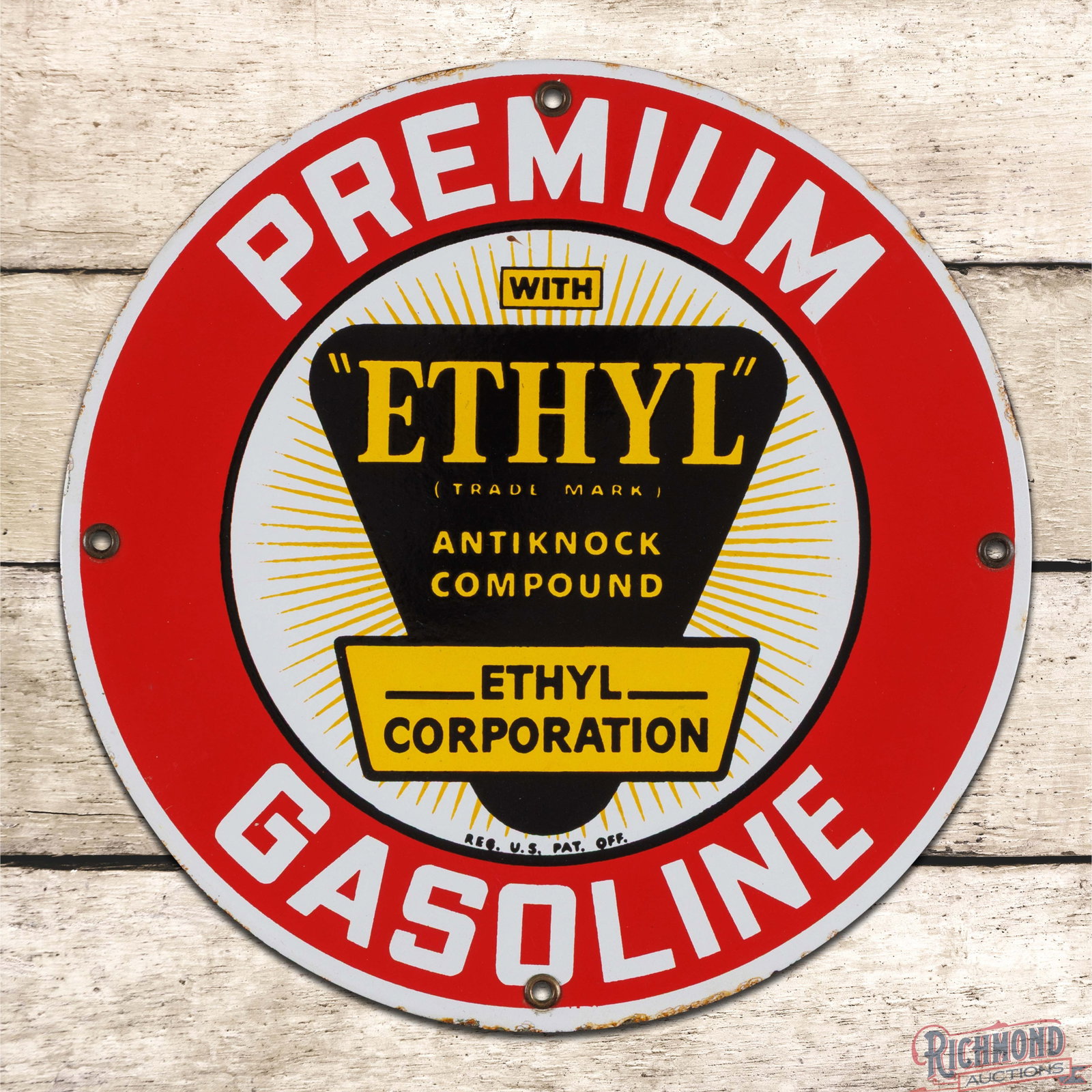 Premium Ethyl Gasoline 9.5" Single Sided Porcelain Pump Plate Sign w/ Logo: SSP (single sided porcelain) pump plate has excellent color and gloss. The field is clean with a tiny blemish in the upper field and minor surface imperfections in the outer fields. The perimeter has 