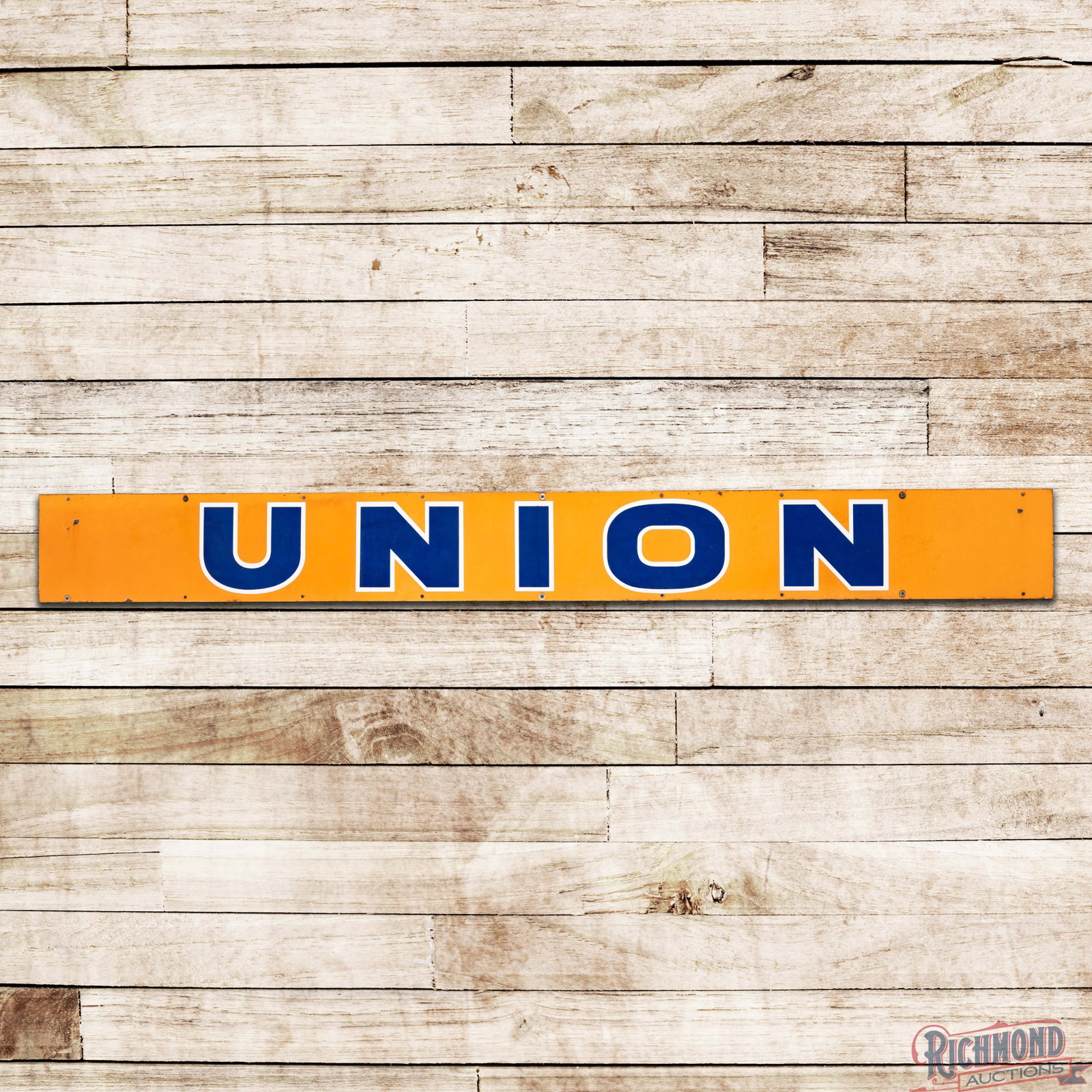 Union 76 Gasoline 8.5' Single Sided Porcelain Service Station Sign: SSP (single sided porcelain) sign has very good color and gloss. The field exhibits minor surface wear and the orange is slightly muted throughout the sign. The outer fields and perimeter have chips w