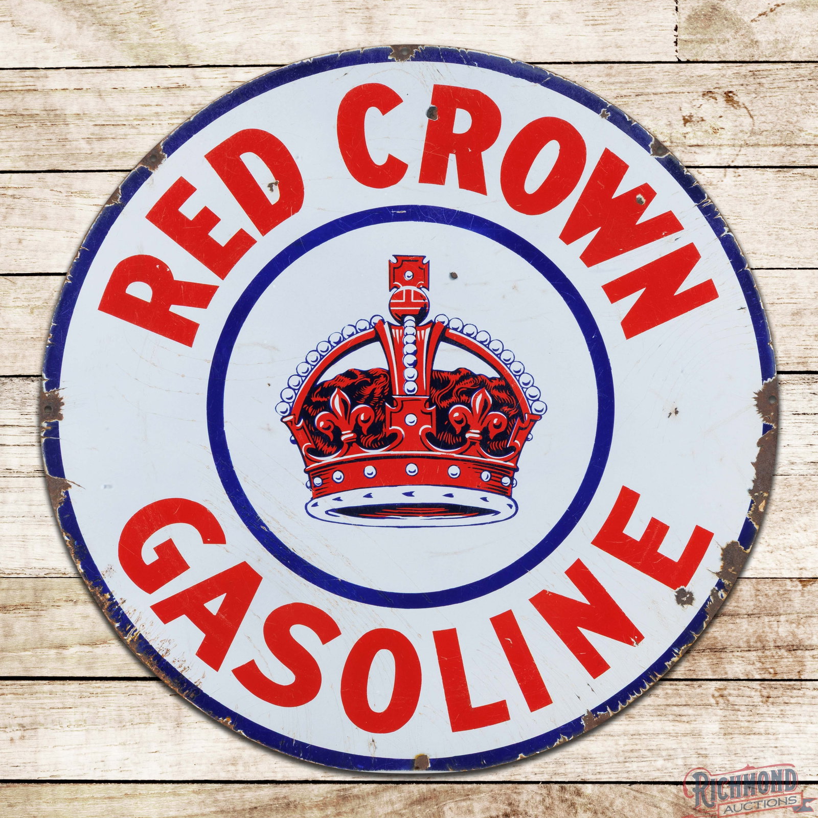 Red Crown Gasoline 30" Double Sided Porcelain Sign w/ Logo: DSP (double sided porcelain) sign has good color and gloss. The display has small chips with crazing lines in the fields and perimeter. The reverse has additional wear with fading along the upper edge