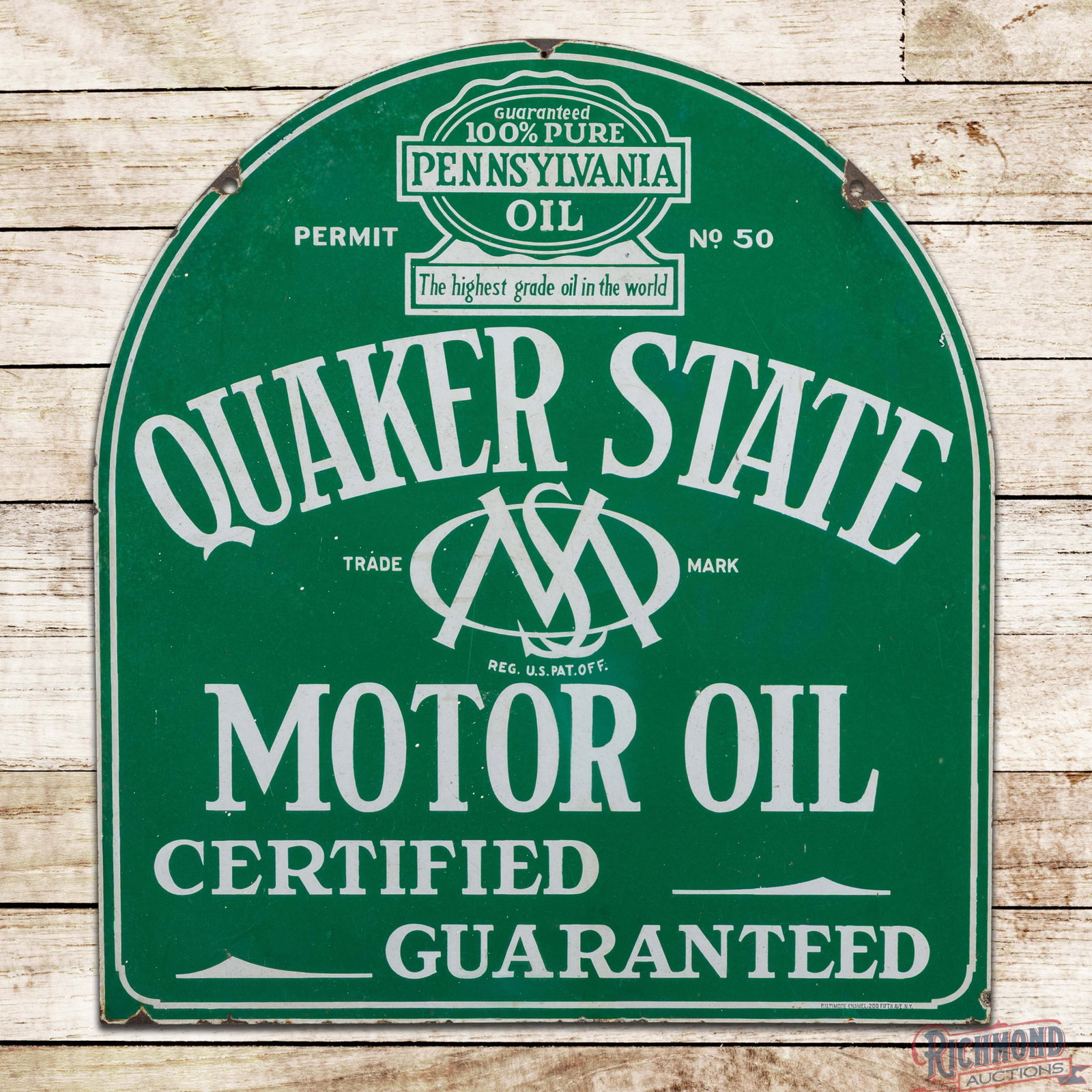 Quaker State Motor Oil Certified Guaranteed 30" Double Sided Porcelain Tombstone Sign w/ Logo: DSP (double sided porcelain) tombstone sign has very good color and gloss. Side #1 has light surface wear throughout with areas of minor discoloration. The perimeter has a tiny added hole at 12 o'cloc