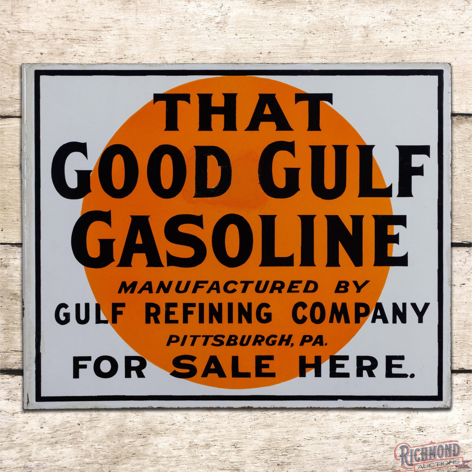 That Good Gulf Gasoline Gulf Refining Double Sided Porcelain Flange Sign: DSP (double sided porcelain) flange has very good color and gloss. Side #1 has light surface wear with a color-matched chip area at the "D and G" of Good Gulf. The perimeter has small edge chips with 