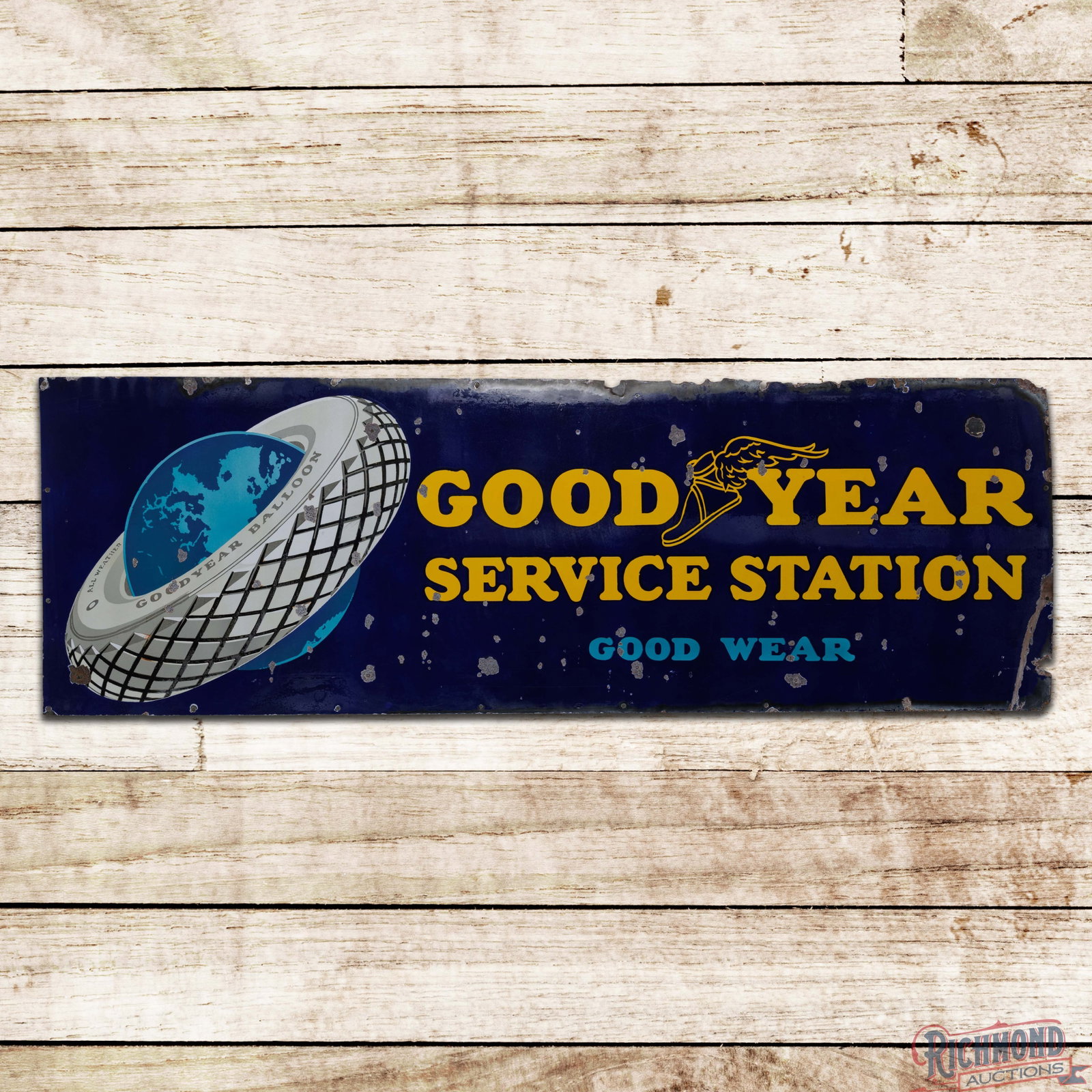 Goodyear Service Station "Good Wear" 6' Single Sided Porcelain Sign w/ World Logo (1 of 3)