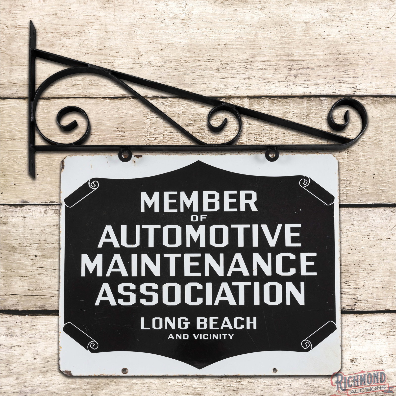 Automotive Maintenance Association Member Long Beach California Double Sided Porcelain Sign: DSP (double sided porcelain) sign with a metal bracket has excellent color and gloss. Side #1 has light surface wear with chips and minor crazing along the perimeter. The reverse has additional surfac