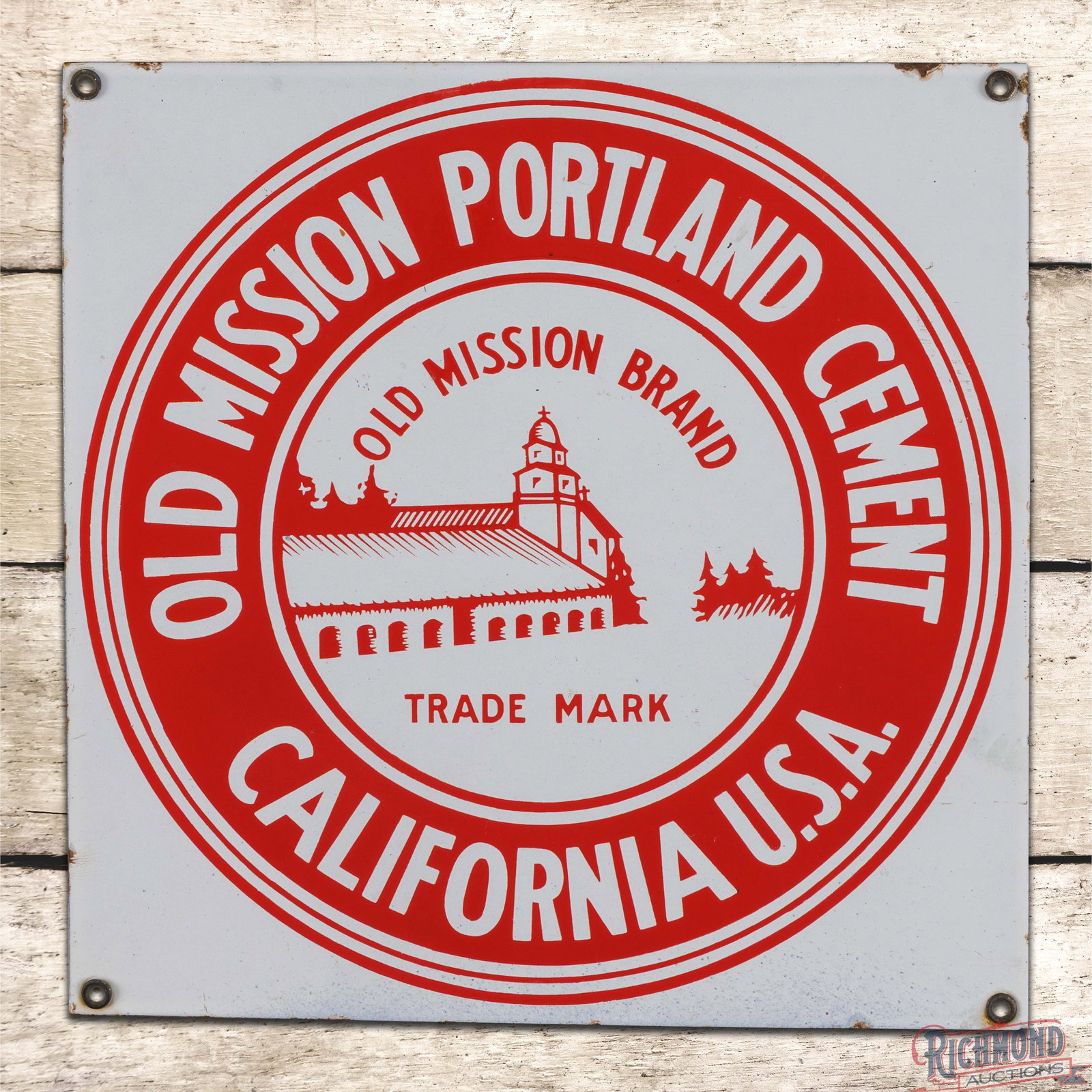 Old Mission Portland Cement California U.S.A. 14" Single Sided Porcelain Sign (1 of 3)