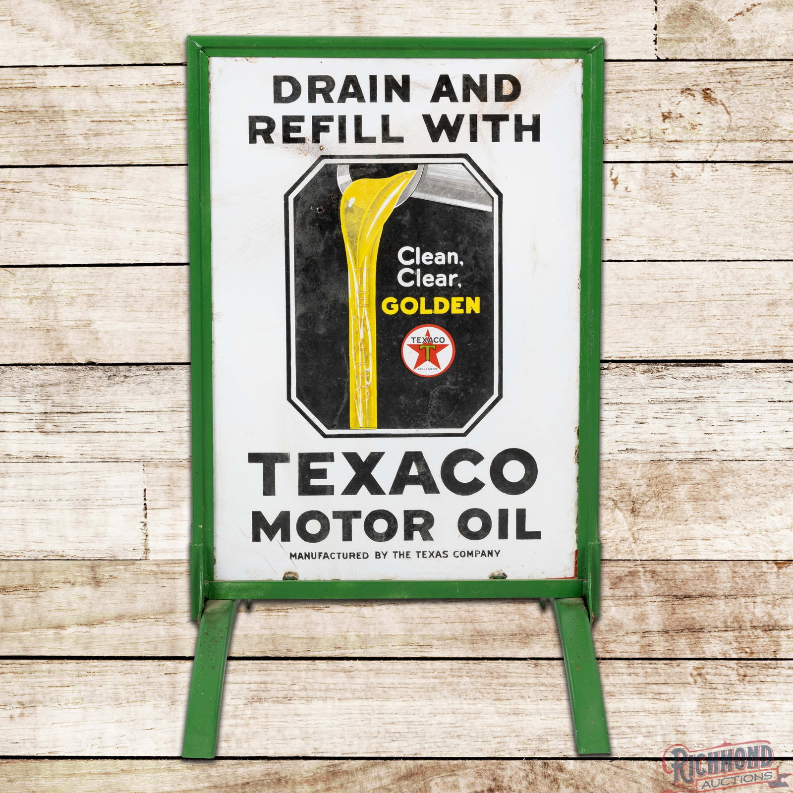 Drain and Refill with Texaco Motor Oil Double Sided Porcelain Curb Sign (1 of 3)