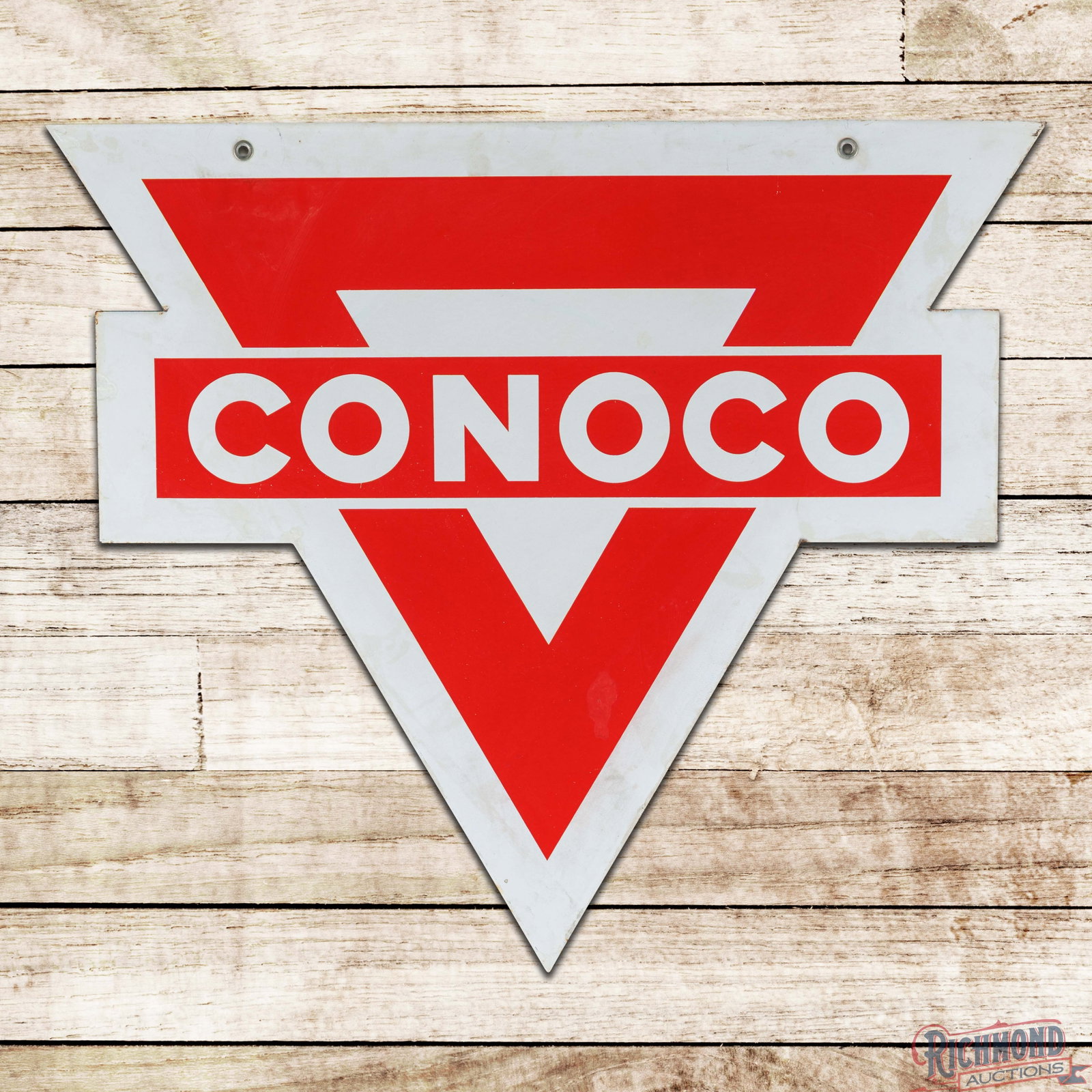 Conoco Motor Oils Gasoline Die Cut 30" Double Sided Porcelain Logo Sign: DSP (double sided porcelain) die cut sign has good color. The display has light surface wear with a color matched chip on the lower right side of the logo in the red. The white porcelain enamel has no
