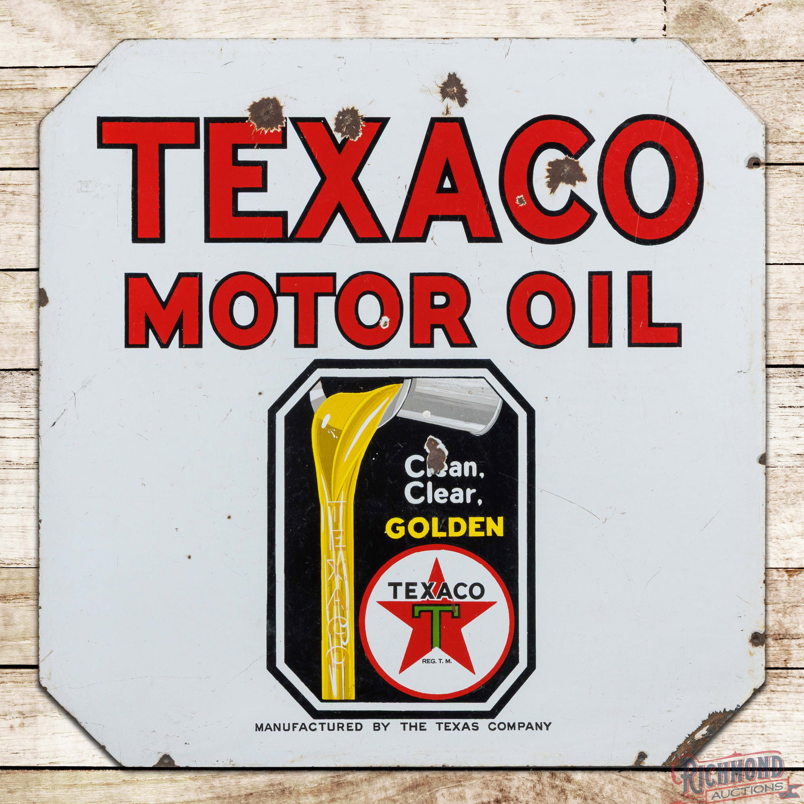 Texaco Motor Oil Clean Clear Golden 30" Double Sided Porcelain Sign w/ Logo: DSP (double sided porcelain) sign has very good color and gloss. The display has fine scratches with two small chips in the graphic and additional chips in the upper lettering and perimeter. The rever