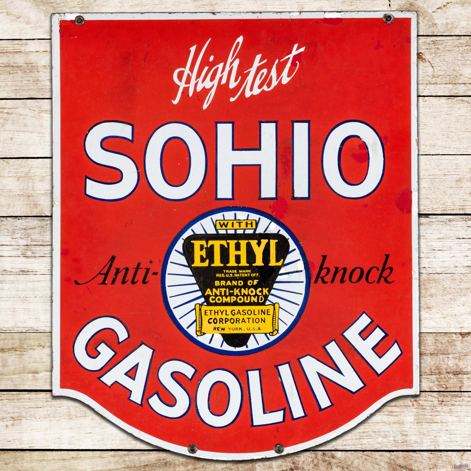 High Test Sohio Anti-Knock Ethyl Gasoline Double Sided Porcelain Sign w/ Logo: DSP (double sided porcelain) die cut sign has good color and gloss. Side #1 has surface wear with areas of color match throughout the field and perimeter. The reverse has additional areas of color mat