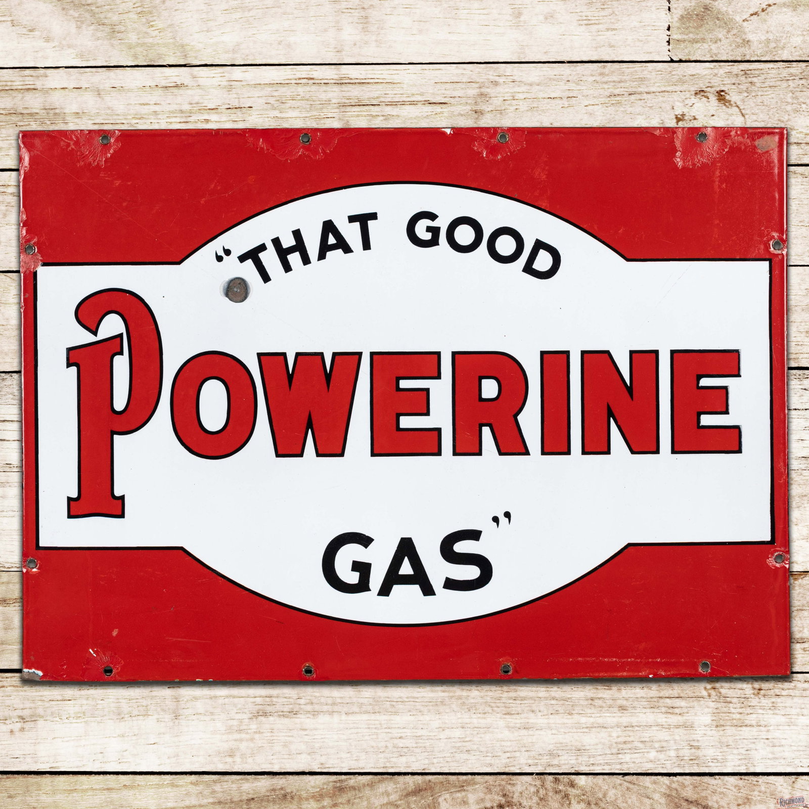 That Good Powerine Gas Double Sided Porcelain Sign: DSP (double sided porcelain) sign has very good color and gloss. Side #1 has light wear in the fields with chips along the outer edges. The reverse has a chip in the upper left field with color matche