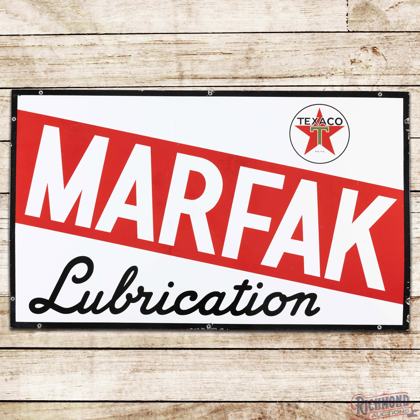 Texaco Marfak Lubrication 40" Single Sided Porcelain Sign "White T": SSP (single sided porcelain) sign has excellent color and gloss. The field has fine scratches with light wear and areas of discoloration in the red porcelain enamel. The perimeter has small chips at s