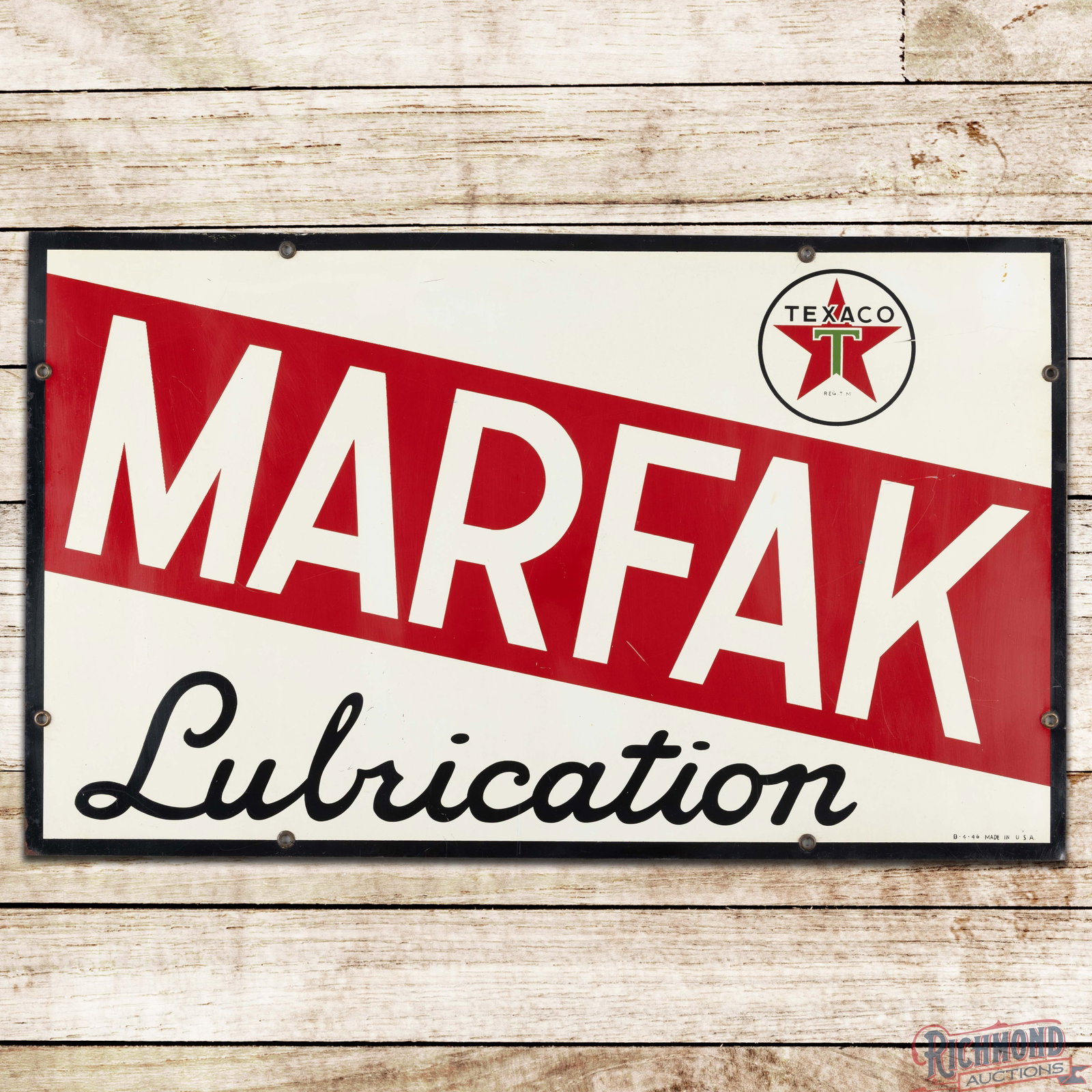 1946 Texaco Marfak Lubrication 30" Single Sided Tin Sign w/ Logo: SST (single sided tin) sign has excellent color and shine. The field has light wear with small, fine scratches and a faint bend between the M&A. The perimeter has minor discoloration on the upper righ