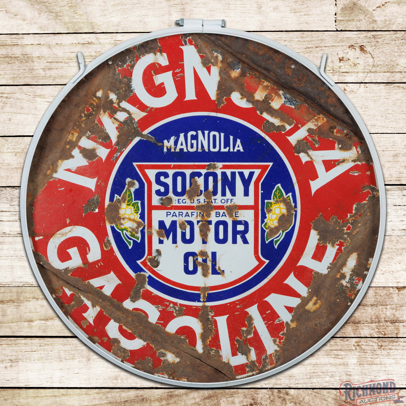 Rare Magnolia Gasoline Socony Motor Oil 30" Double Sided Porcelain Sign w/ Ring: DSP (double sided porcelain) sign has moderate color and gloss. The sign presents with heavy wear throughout with bends, porcelain loss and crazing. The lower edge has stress tears near the "OLINE" le