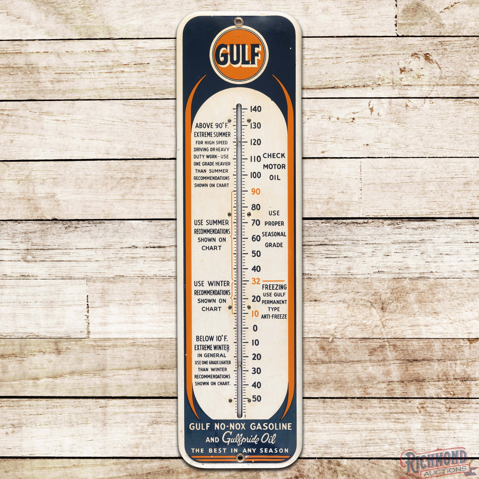 Gulf No Nox Gasoline Gulfpride Oil "Best in any Season" 28" Single Sided Tin Thermometer w/ Logo: SST (single sided tin) thermometer has very good color and shine. The tube is intact and works properly. The display has toning to the white with light wear and a tiny paint chip below the "W" in Wint