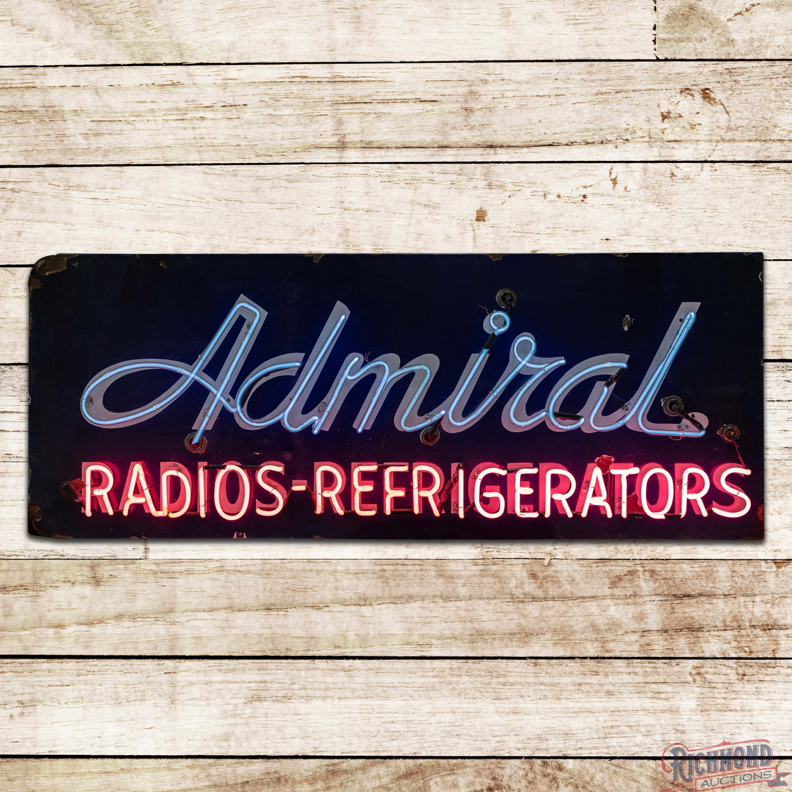 Admiral Radios Refrigerators 6' Single Sided Porcelain Factory Neon Sign: SSP (single sided porcelain) factory neon sign with a metal can has good color and gloss. The display has light surface wear with unused stand supports, chips, and areas of minor discoloration. The pe