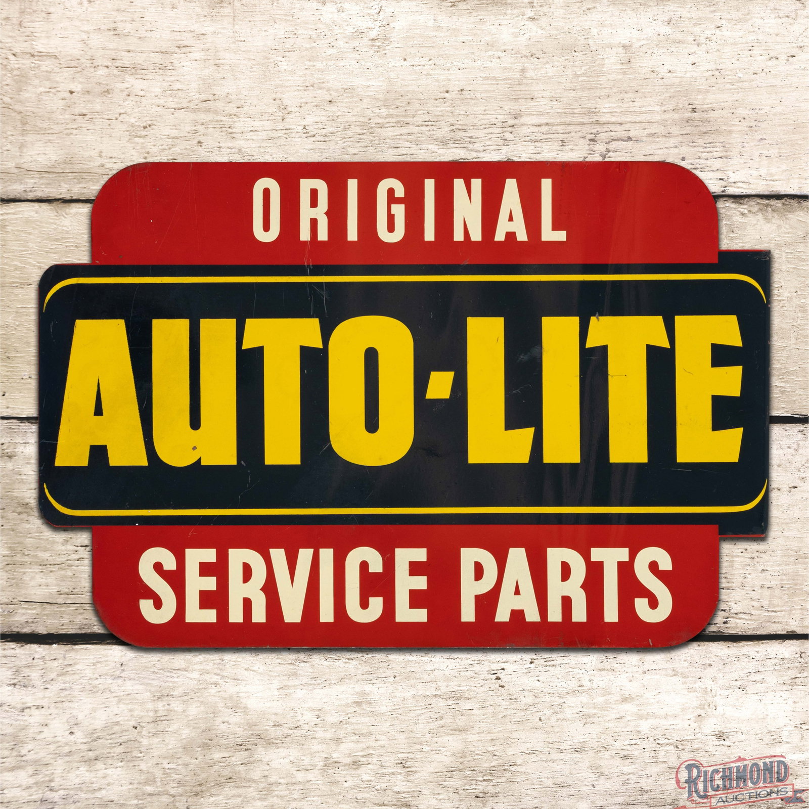 1948 Original Autolite Service Parts Die Cut Double Sided Tin Flange Sign: DST (double sided tin) die cut flange has excellent color and shine. Side #1 has light wear with a faint vertical bend in the left field and another vertical bend through the "P" of Parts. The reverse