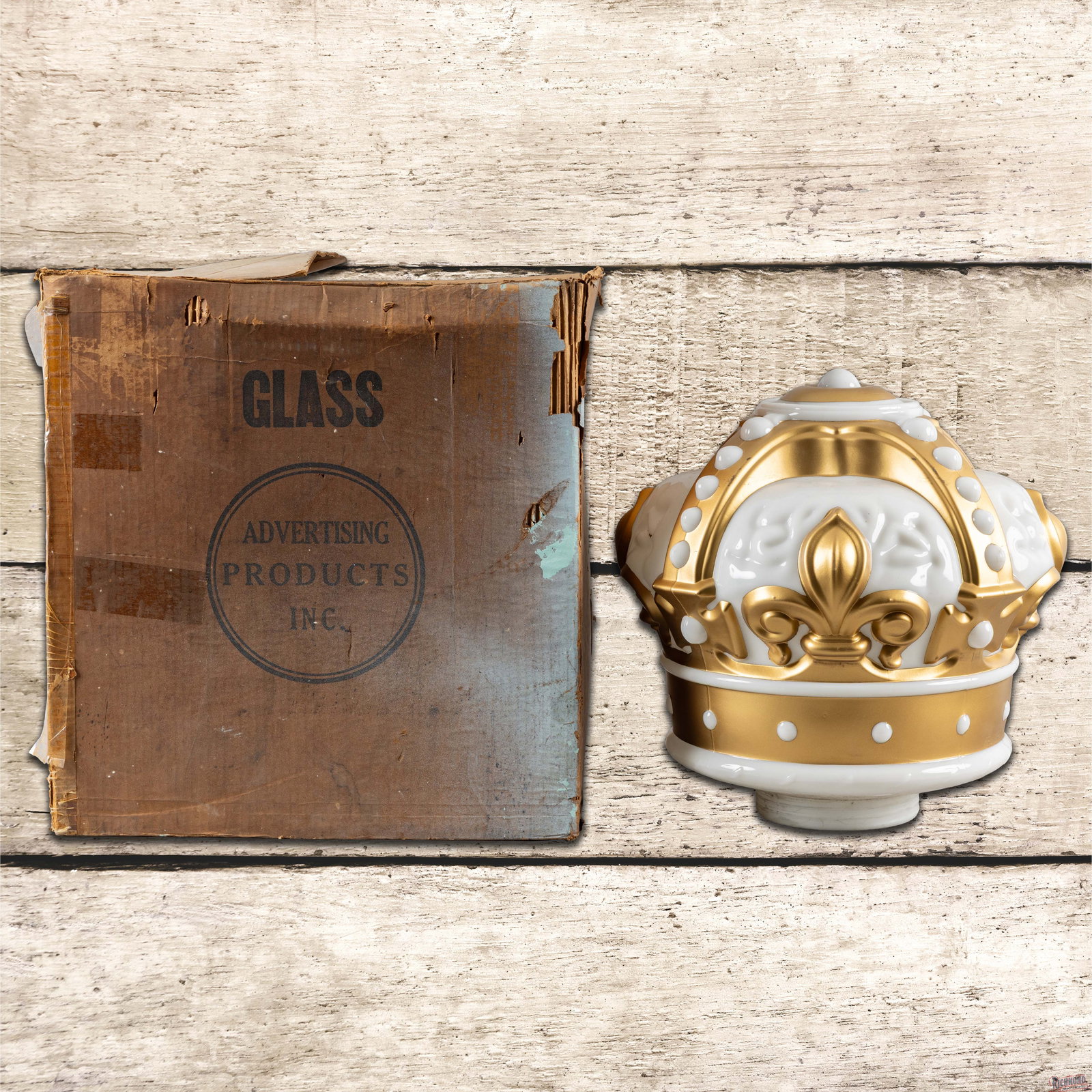 NOS Standard Gold Crown Gasoline OPC Gas Pump Globe w/ Original Box: NOS (new old stock) OPC milk glass globe with the original box has excellent color. The body features original paint with light wear, scuffs and paint chips. The metal collar has minor bends and the b
