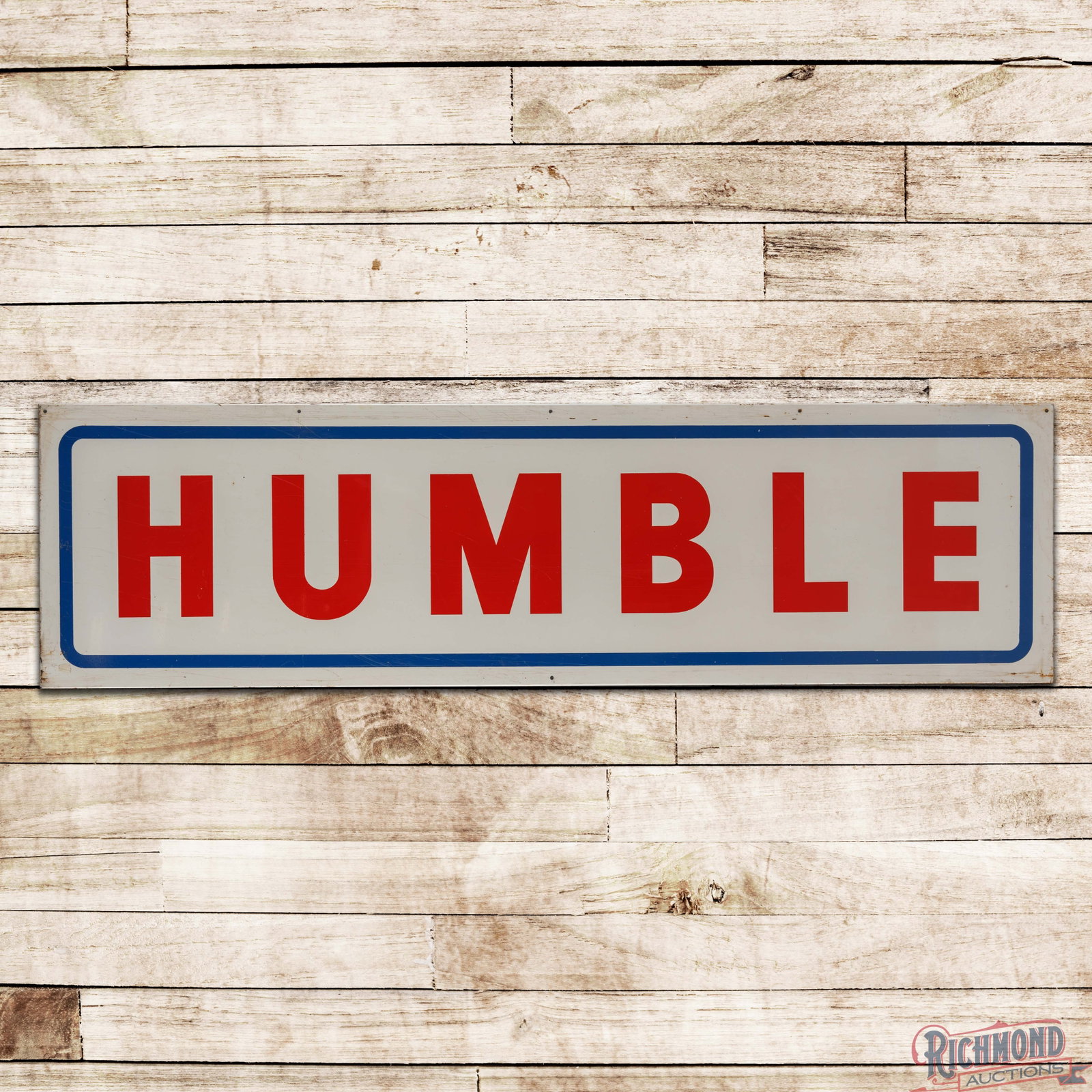 Humble Oils Gasoline Horizontal 6' Single Sided Tin Sign: SST (single sided tin) rolled edge sign has very good color and shine. The field has fine scratches with light wear. The perimeter has scratches and small paint chips along the outer edges with sticke