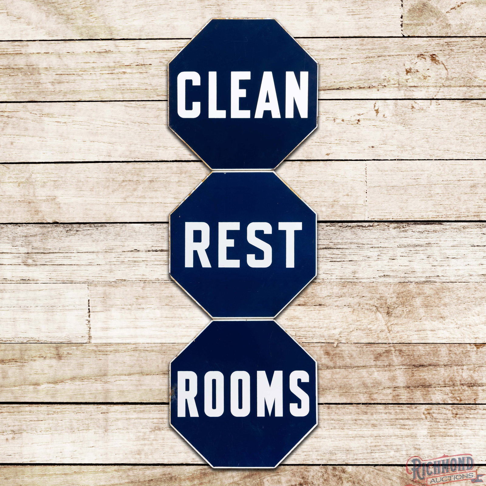 Clean Rest Rooms 54" Multi-Piece Gas Station Flange Sign: DSP (double sided porcelain) multi-piece flange sign has excellent color and gloss. Side #1 has light surface wear and marks with a tiny flea bite in the "A" in the upper field. The perimeter has smal