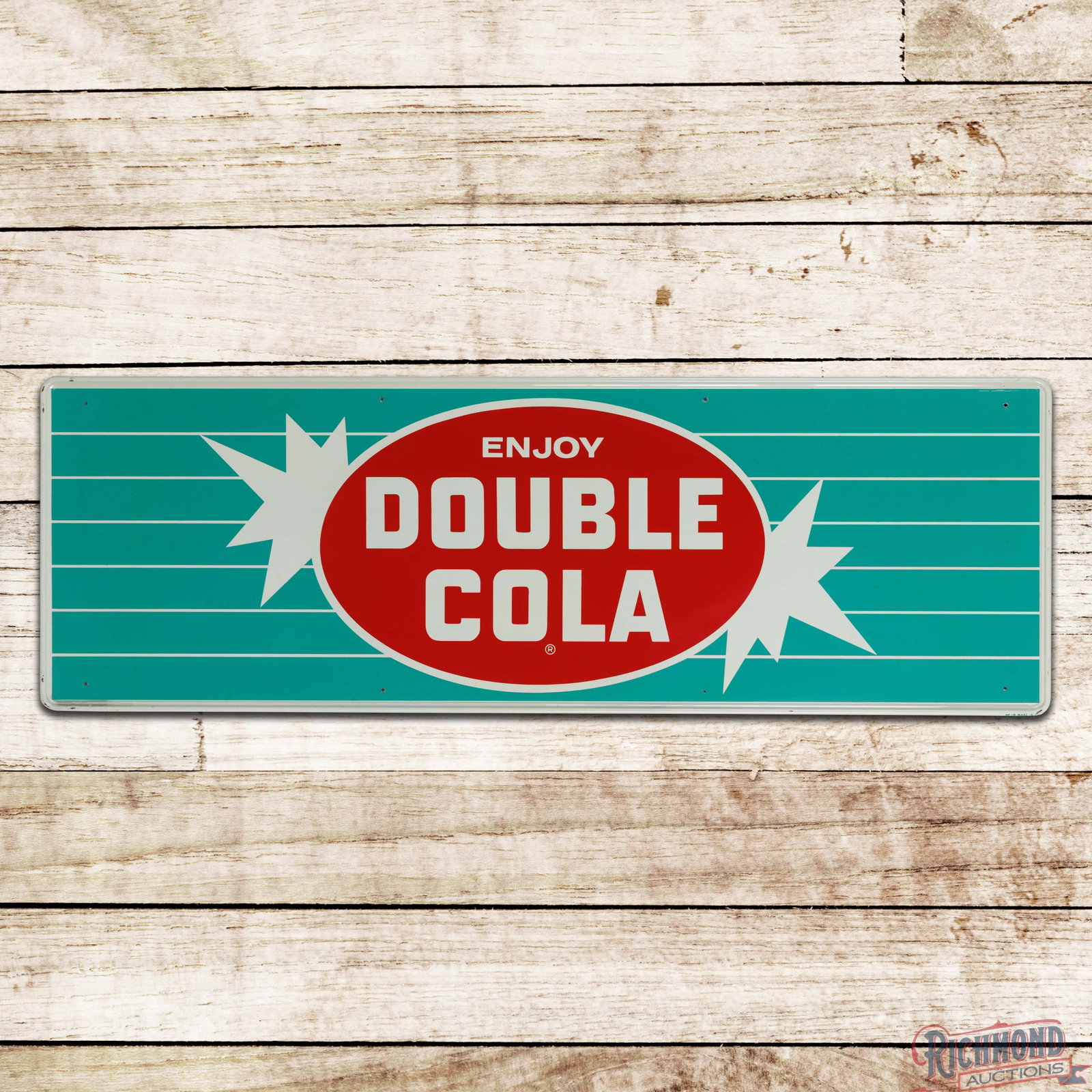 Enjoy Double Cola 4.5' Single Sided Tin Sign w/ Logo: SST (single sided tin) self-framed sign has excellent color and shine. The field is very clean overall with small areas of minor discoloration. The perimeter has light wear with minor bends at some of
