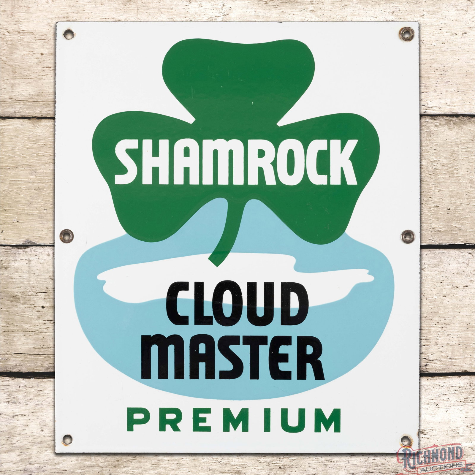 Shamrock Cloud Master Premium Gasoline Single Sided Porcelain Pump Plate Sign w/ Logo: SSP (single sided porcelain) sign has excellent color and gloss. The field exhibits light wear with small scuffs and tiny fine scratches in the logo. The perimeter has minor wear at t he mounting hole