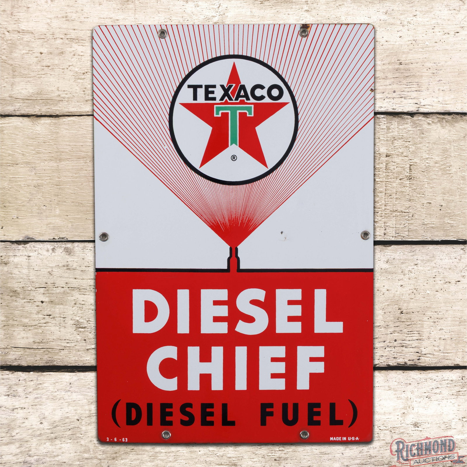 1963 Texaco Diesel Chief Fuel Single Sided Porcelain Gas Pump Plate Sign: SSP (single sided porcelain) pump plate has excellent color and gloss. The field has a small chip with crazing. The perimeter has a few minor chips with slight discoloration along the edges. All six f