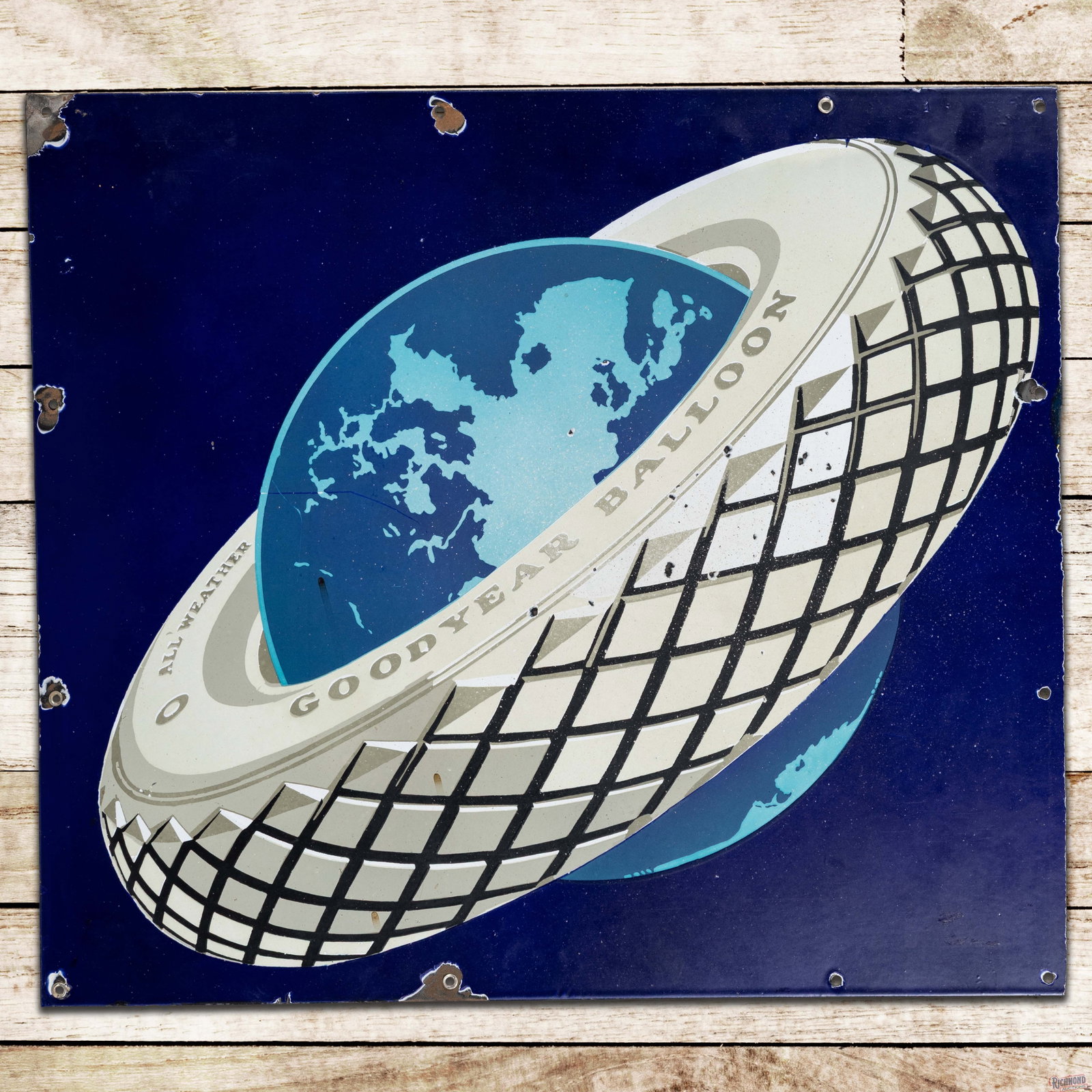 Goodyear Tires 27" Single Sided Porcelain Sign w/ Tire & World: SSP (single sided porcelain) sign has excellent color and gloss. The sign has been trimmed from a larger Goodyear sign. The field has light wear with small chips in the graphic. The perimeter has chip