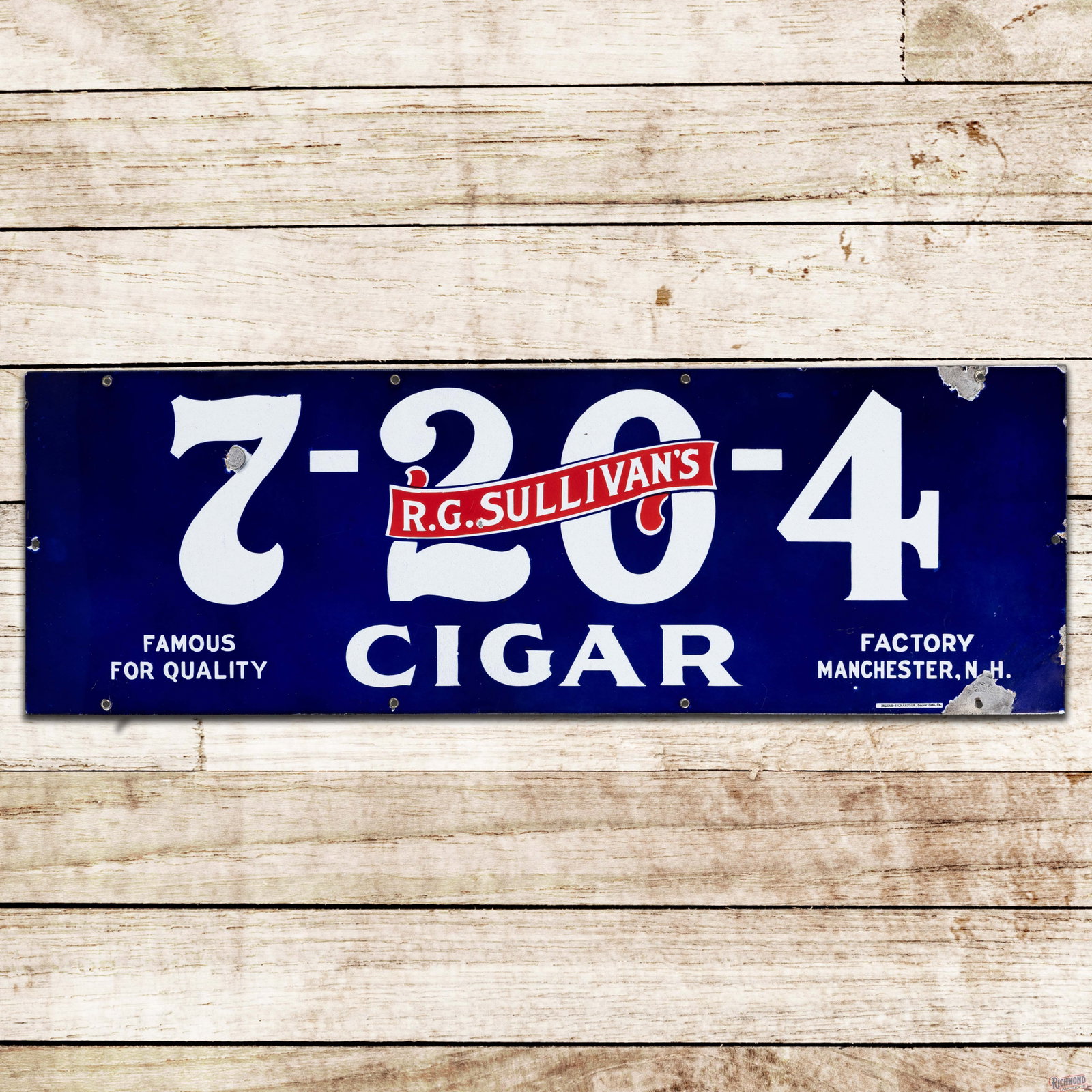 R.G. Sullivan's 7-20-4 Cigar "Famous for Quality" Single Sided Porcelain Sign Manchester NH: SSP (single sided porcelain) sign has very good color and gloss. The display has light wear with an eraser-sized chip in the field and a quarter-sized chip in the upper left field. The perimeter has a