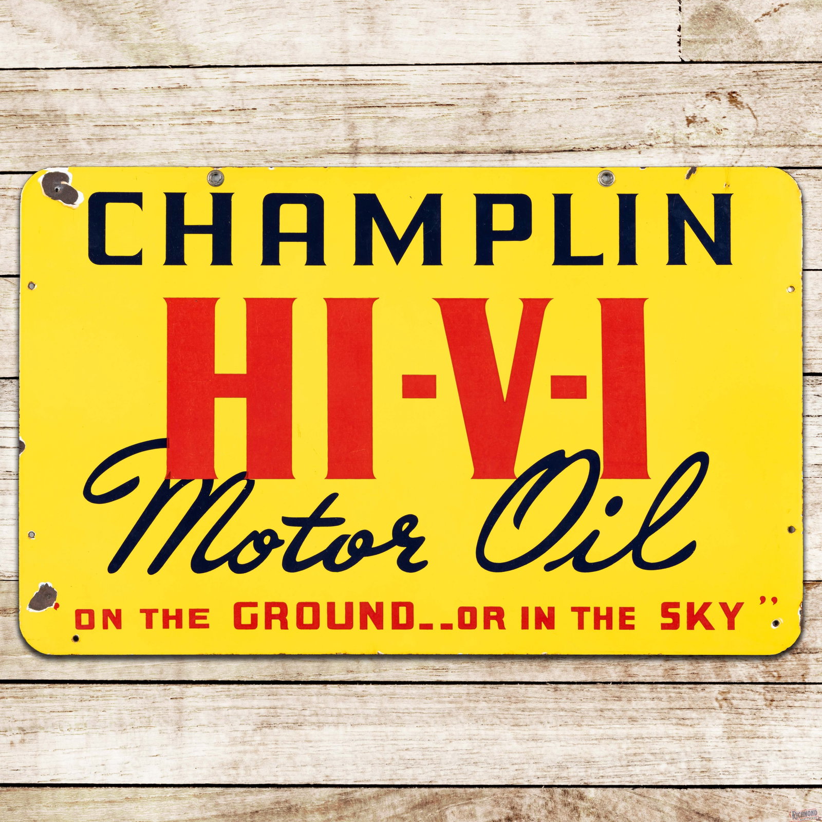 Champlin Hi-Vi Motor Oil "On the Ground or in the Sky" 32" Double Sided Porcelain Sign: DSP (double sided porcelain) sign has very good color and gloss. Side #1 has light surface wear and marks in the fields. The perimeter has two added holes on the left hand side with chips and minor cr