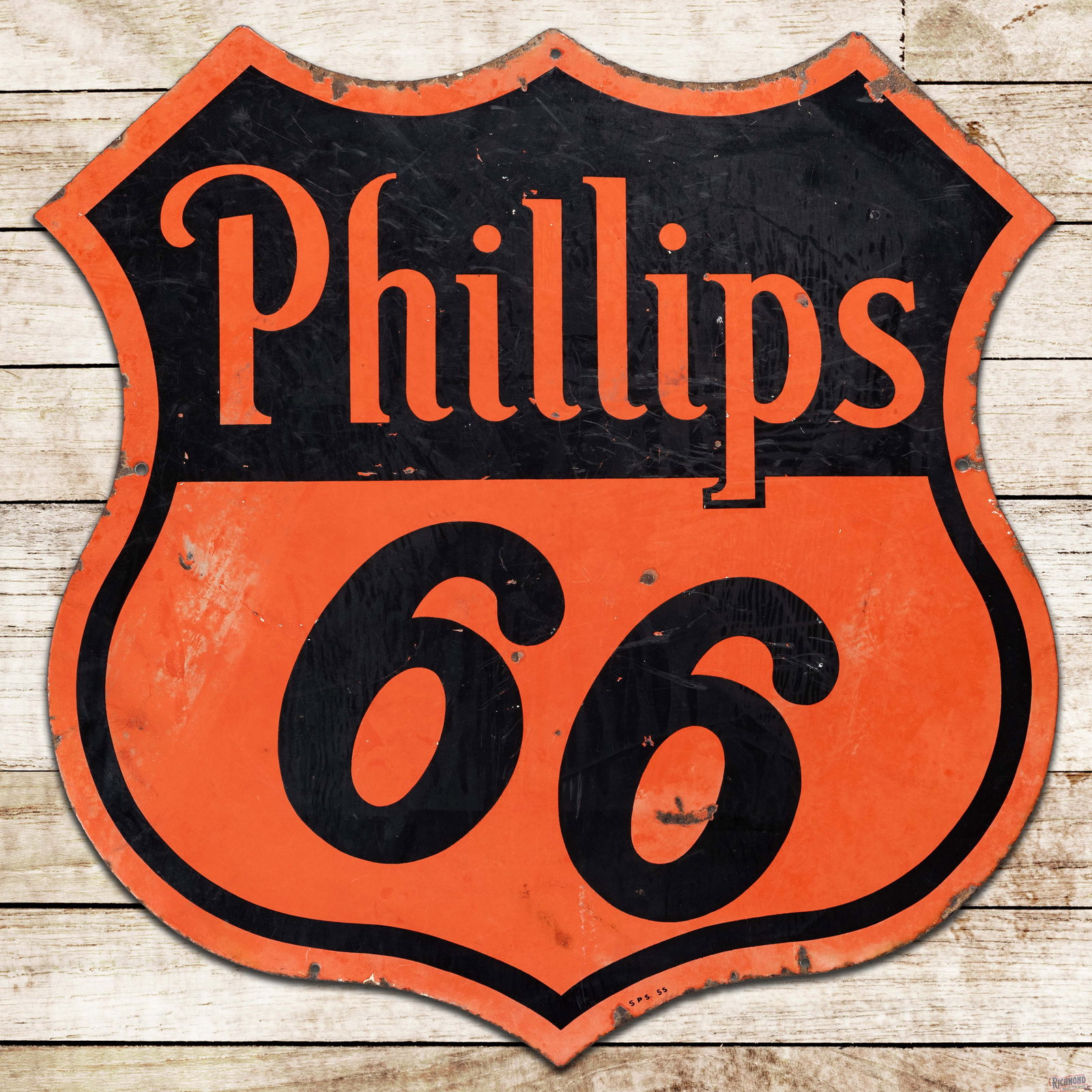 Phillips 66 Gasoline 30" Double Sided Porcelain Die Cut Sign: DSP (double sided porcelain) die cut sign has moderate color and gloss. Side #1 has surface wear with chips, fading and discoloration. The perimeter has edge wear with chips, and a tiny added hole on 
