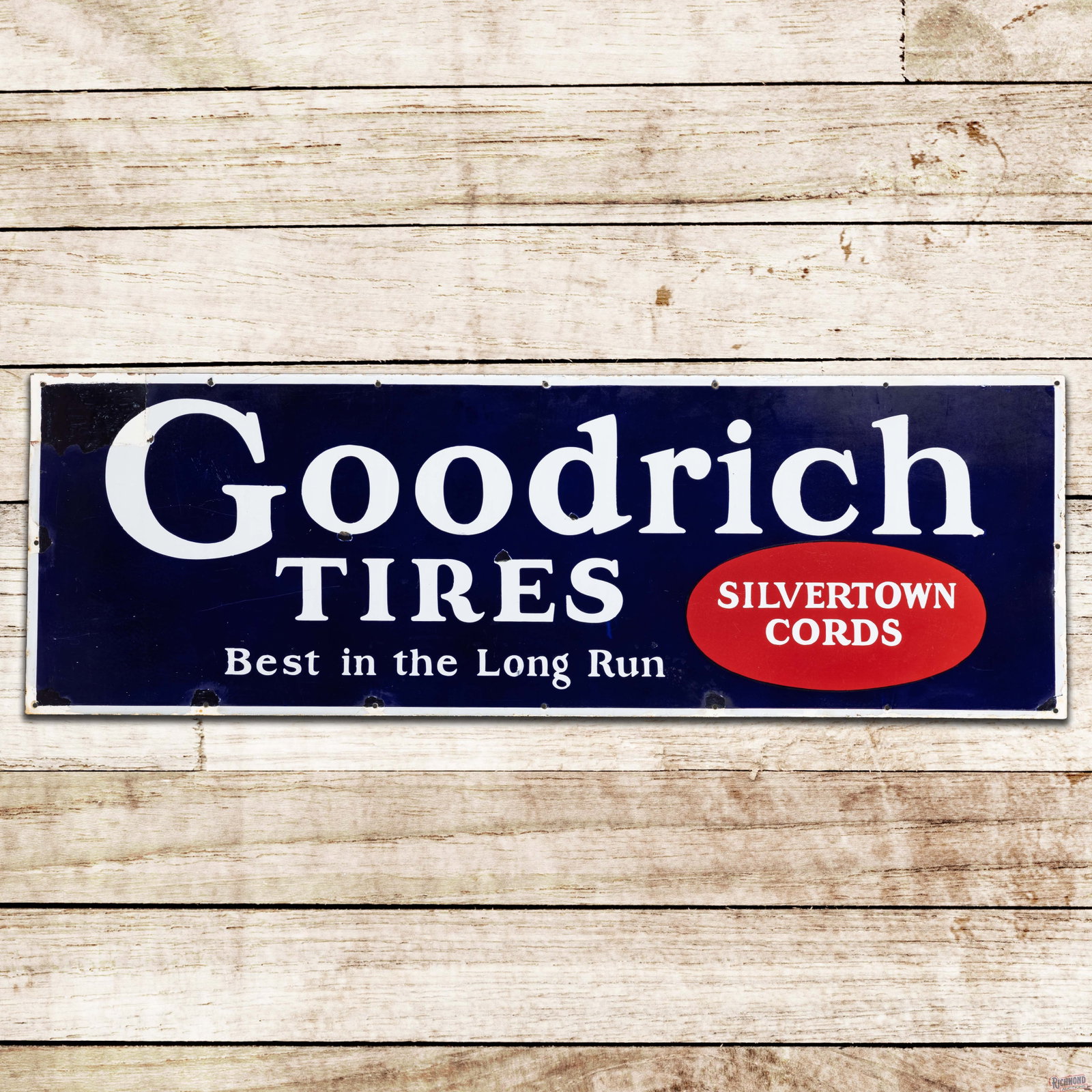 Goodrich Silver Cords Tires "Best in the Long Run" 5' Single Sided Porcelain Sign: SSP (single sided porcelain) sign has good color and gloss. The field has fine scratches with color-matched chips. The perimeter has additional color-matched chips with areas of metal repair on the up