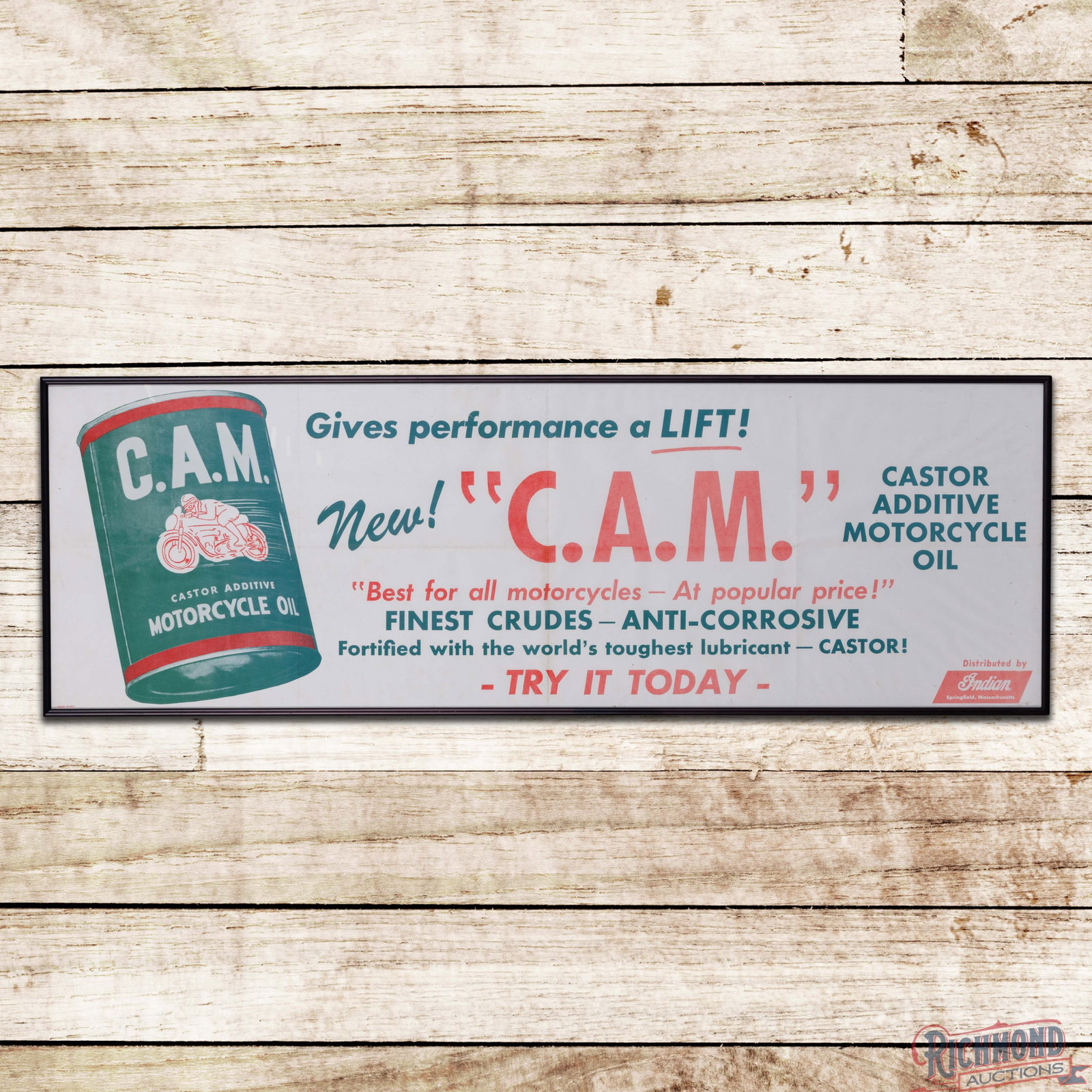 C.A.M. Motorcycle Oil Distributed by Indian Framed Advertising Poster Sign w/ Quart Can (1 of 3)