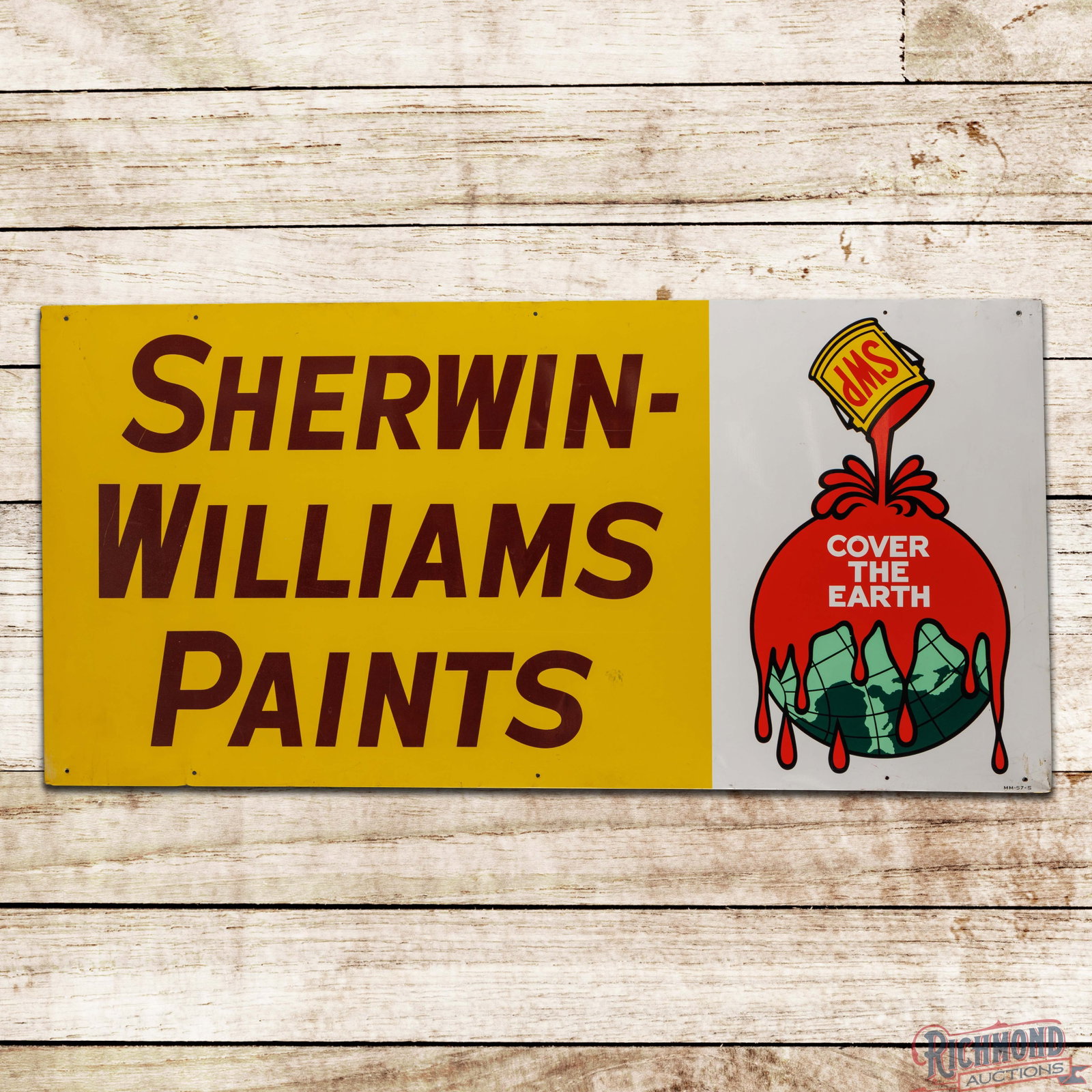 Sherwin Williams Paints "Cover the Earth" 6' Single Sided Tin Sign w/ Logo: SST (single sided tin) sign with the factory wooden support frame has excellent color and shine. The field is very clean overall with light wear, minor indentations and an area of discoloration in the