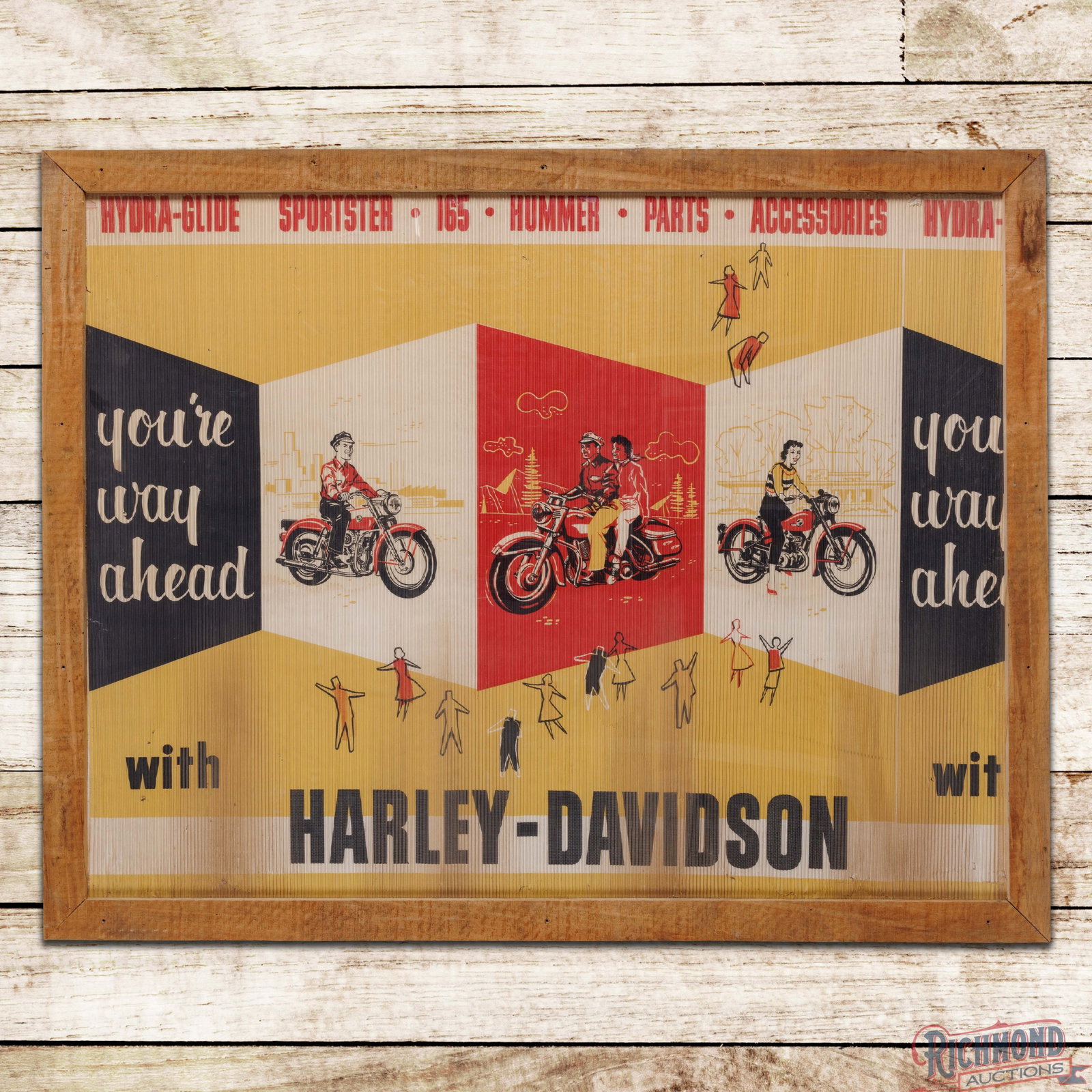 Harley Davidson Hummer Sportster Hydra Glide Parts Accessories Framed Corrugated Advertising Sign: Single sided corrugated cardboard sign has been framed under plexiglass. The fields have light wear with small non-factory holes in the outer fields and areas of discoloration in the lower fields. The