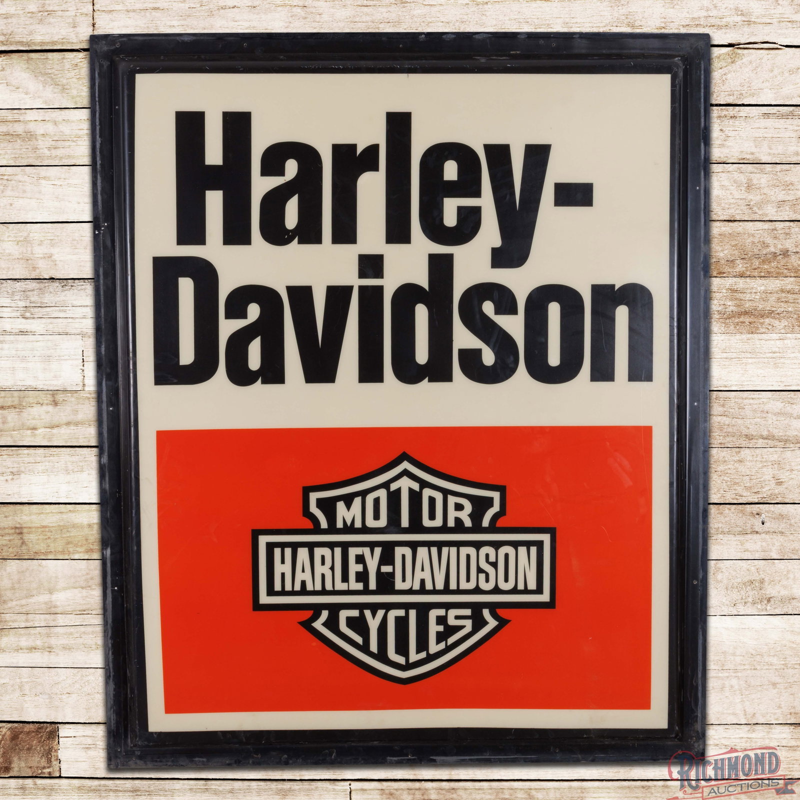 Harley Davidson Motor Cycles 6' SS Plastic Sign Panel w/ Logo: Single sided convex plastic sign panel has very good color. The field has small scuffs with light wear and areas of minor discoloration. The perimeter has light wear with small paint chips and fine sc