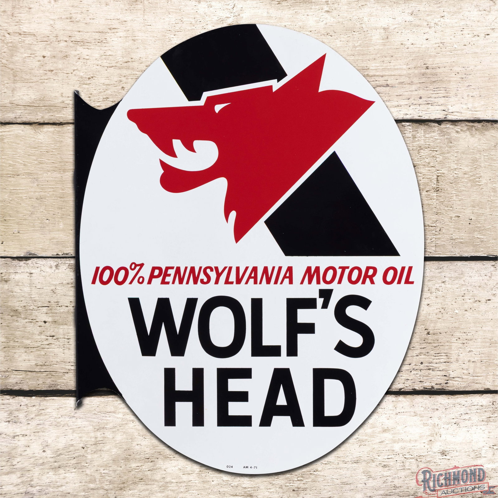 1971 Wolf's Head 100% Pure Pennsylvania Motor Oil Double Sided Tin Flange Sign: DST (double sided tin) flange has excellent color and shine. Side #1 is exceptionally clean with minor surface imperfections. The reverse has tiny nicks in the fields with a fine scratch in the lower 