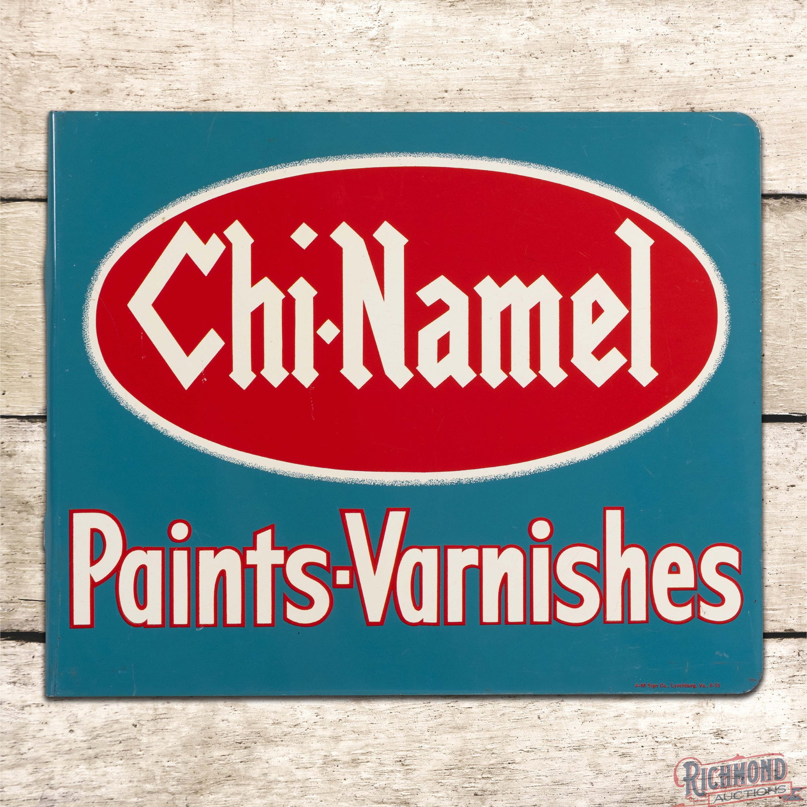 1950 Chi Namel Paints Varnishes Double Sided Tin Flange SIgn: DST (double sided tin) flange has excellent color and shine. Side #1 has light wear with fine scratches, minor scuffs, and an area of cloudiness on the upper right corner. The reverse has additional s