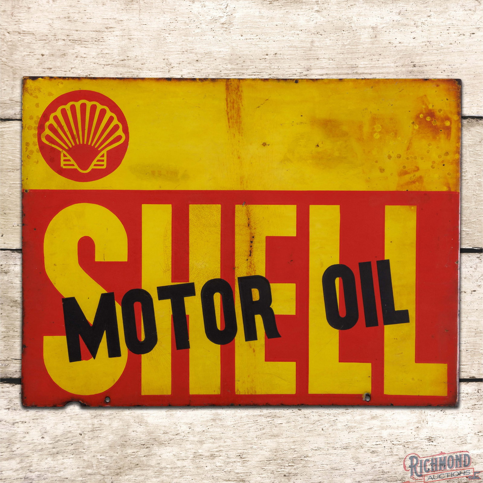 Shell Motor Oil Double Sided Porcelain Flange Sign w/ Logo: DSP (double sided porcelain) flange has good color and moderate gloss. Side #1 has discoloration with small chips and crazing in the fields. The perimeter has small chips with an area of loss on the l