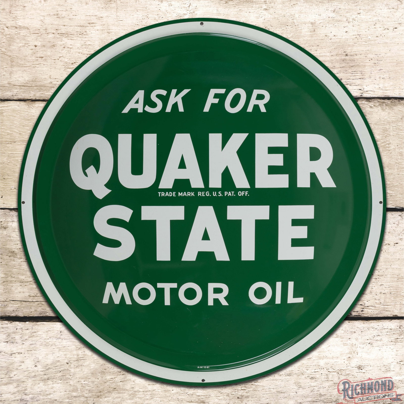 1961 Ask for Quaker State Motor Oil 24" Single Sided Tin Bubble Sign: SST (single sided tin) convex sign has outstanding color and shine. The fields are exceptionally clean with minor surface imperfections in the lower fields. The perimeter is similar with light bends a