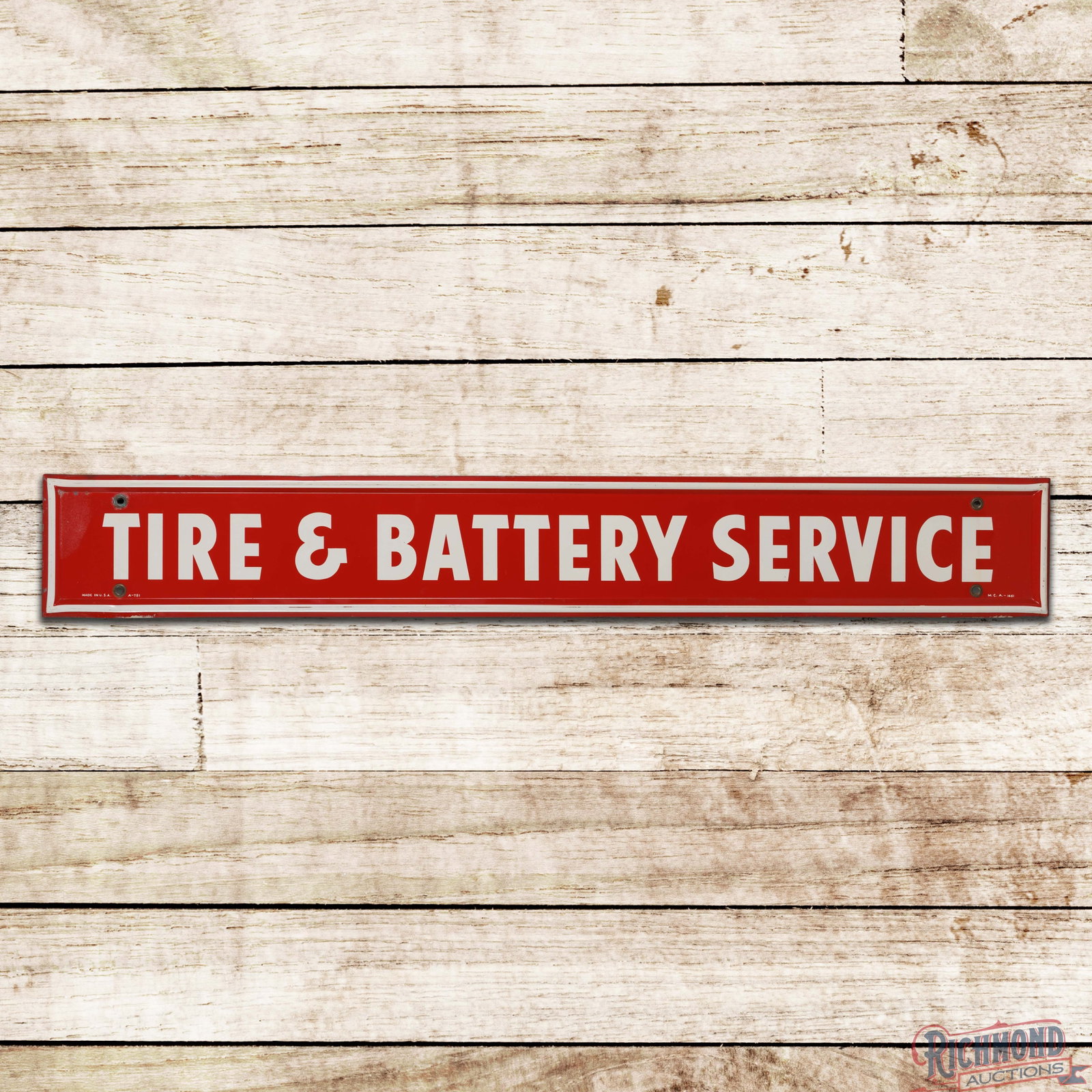 Firestone Tire & Battery Service 6' Single Sided Tin Sign: SST (single sided tin) self-framed sign has very good color and shine. The field is very clean overall, with a few tiny paint chips in the lettering. The perimeter has an area of discoloration at the 