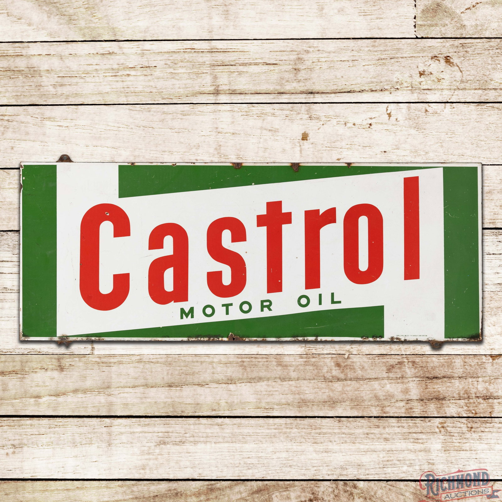 Castrol Motor Oil 4' Single Sided Porcelain Sign: SSP (single sided porcelain) rolled-edge sign with an added wooden support frame has good color and gloss. The display has light wear with fine scratches and small chips. The perimeter has edge wear w