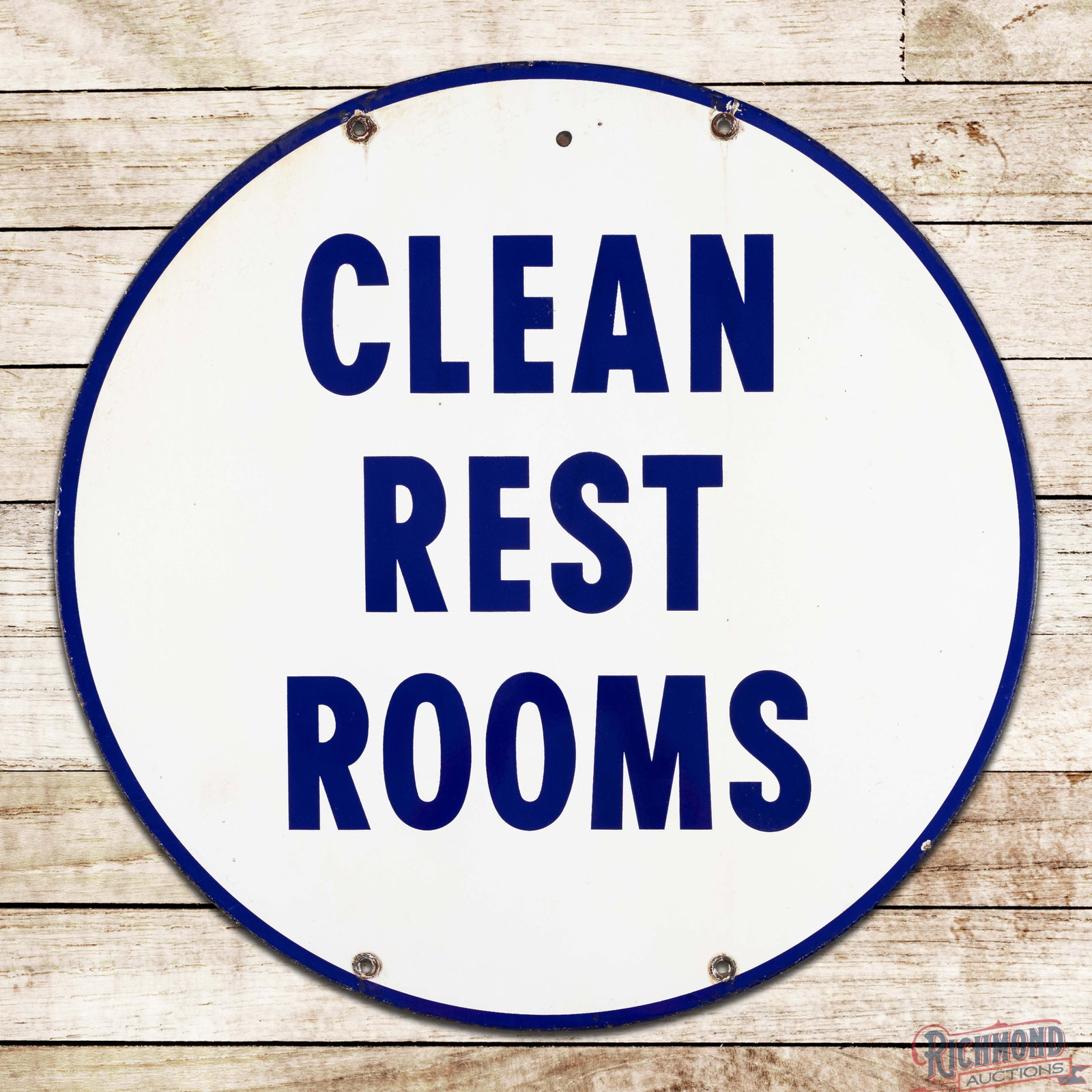 Union 76 Clean Rest Rooms 30" Double Sided Porcelain Sign: DSP (double sided porcelain) sign has very good color and gloss. Side #1 has a tiny chip in the field with light wear and discoloration along the upper edges. The reverse is in a similar condition wit
