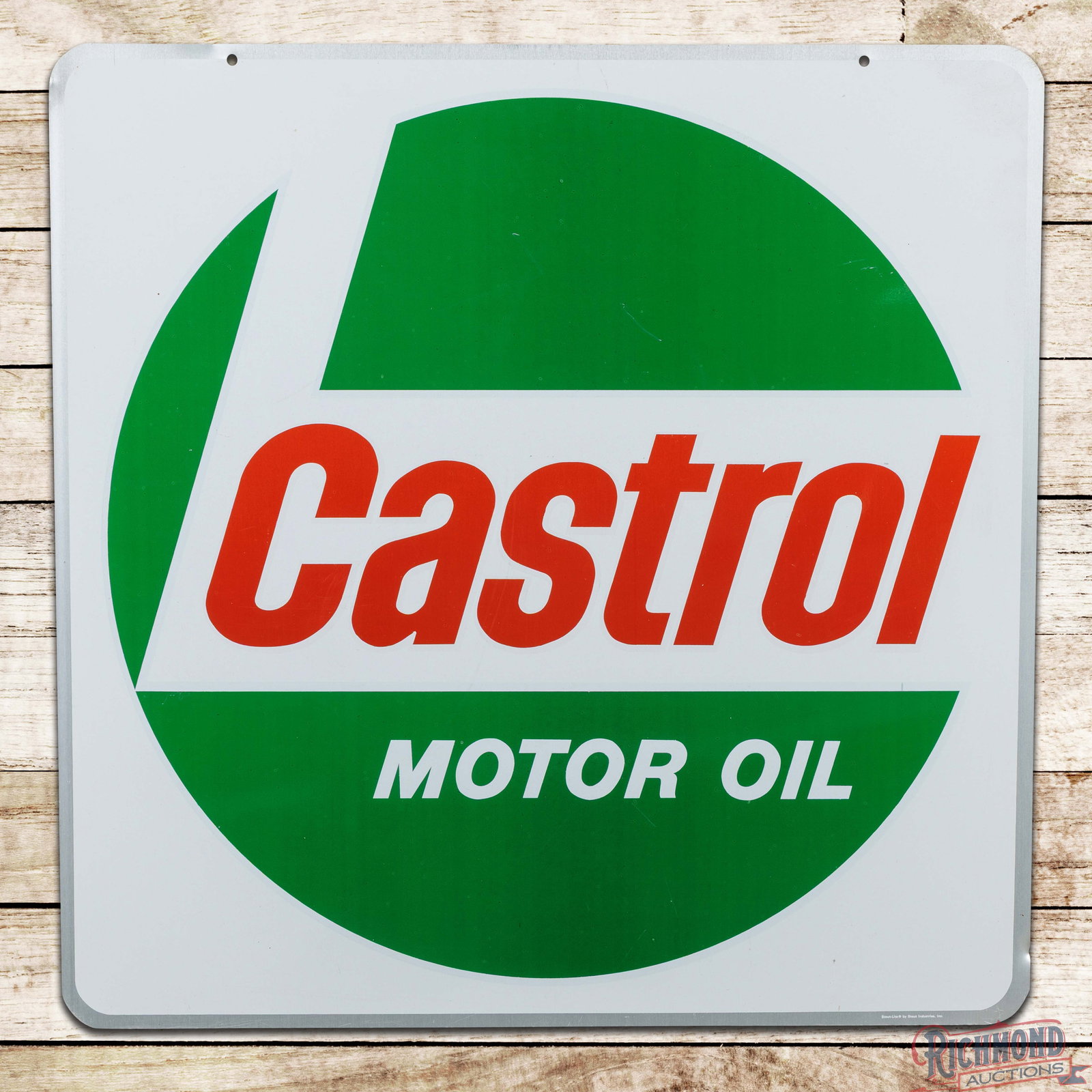 Castrol Motor Oil 30" Double Sided Tin Sign w/ Logo: DST (double sided tin) sign has excellent color and shine. Side #1 is very clean overall with small scratches in the upper fields and minor bends along the outer edges. The reverse has faint paper mar