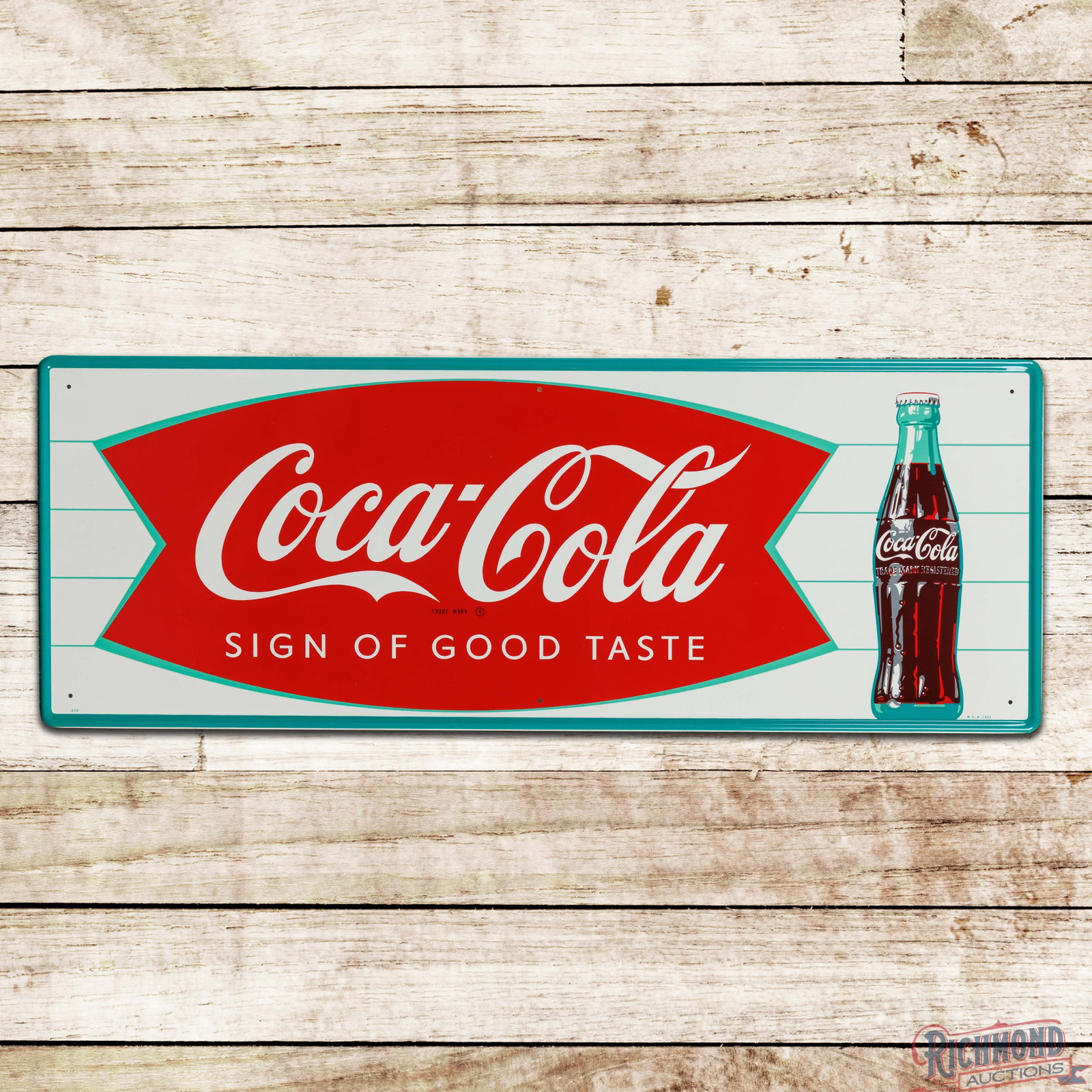 NOS Coca Cola "Sign of Good Taste" Single Sided Tin Sign w/ Bottle & Paper (1 of 4)