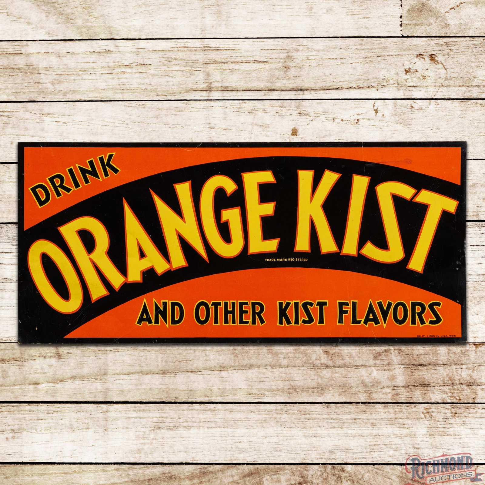 Drink Orange Kist and Other Kist Flavors 29" Emb. Single Sided Tin Sign: SST (single sided tin) embossed tacker sign has excellent color and shine. The field has light bends with fine scratches and an area of discoloration in the outer right field. The perimeter has additi