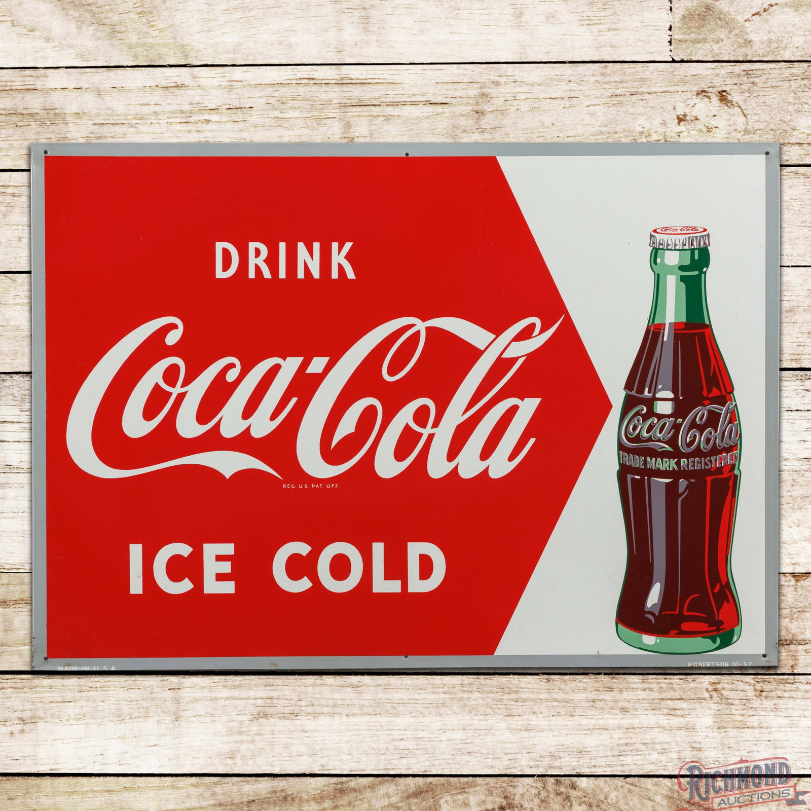 1952 Drink Coca Cola Ice Cold 27" Single Sided Tin Sign w/ Bottle (1 of 3)