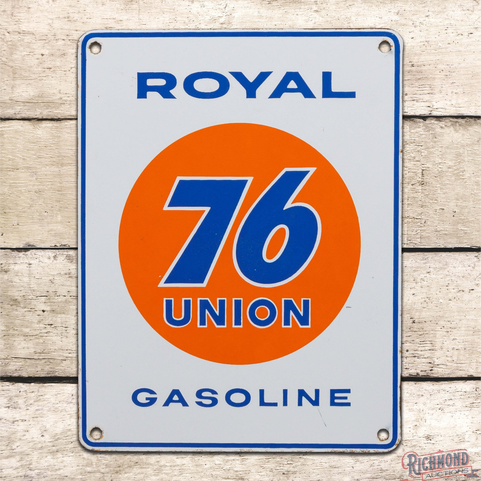Union 76 Royal Gasoline Single Sided Porcelain Pump Plate Sign w Logo "Small": SSP (single sided porcelain) pump plate sign has excellent color and gloss. The fields are very clean overall with a few tiny factory blemishes and a tiny mark in the right outer field. The perimeter 