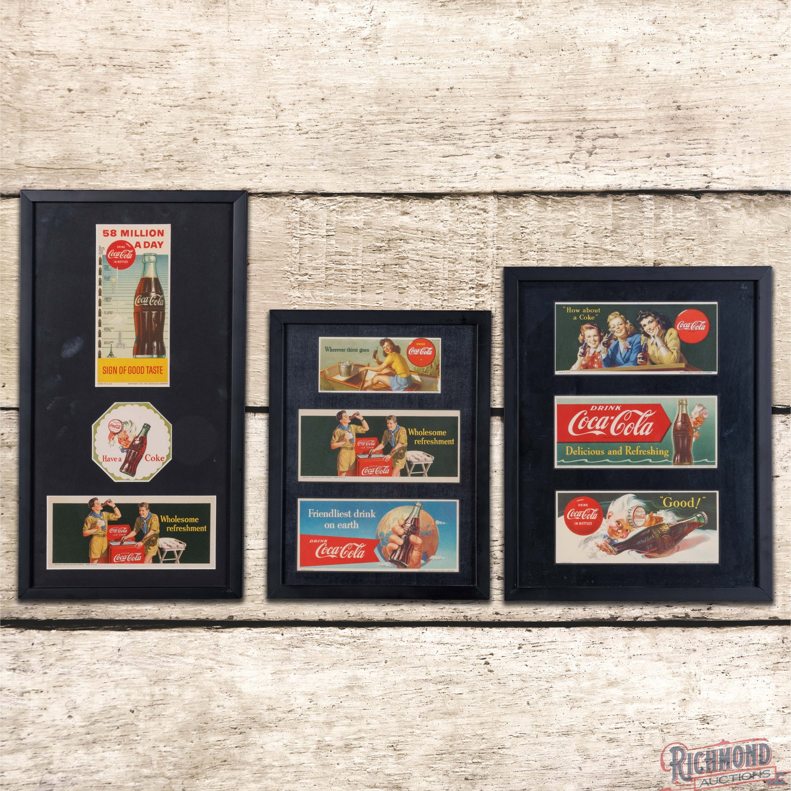 Group of Three Frame Coca Cola Blotters: Group of Coke blotters and a Sprite Boy coaster have been framed under plexiglass. The items have excellent color with highly detailed graphics. The frames are in excellent condition. Overall a great 