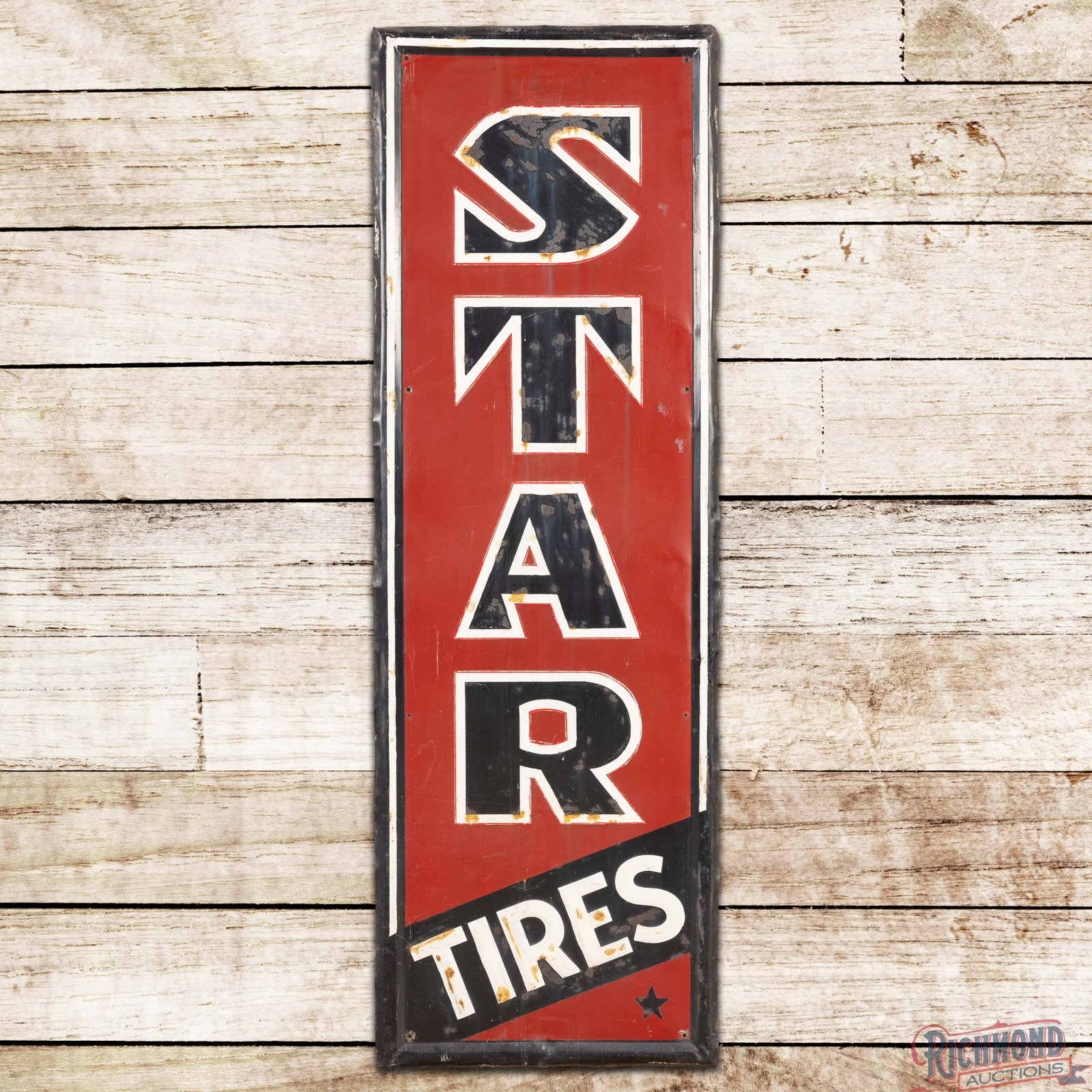 Star Tires 4.5' Emb. Single Sided Tin Sign: SST (single sided tin) embossed self-framed sign has good color. The sign has been repainted and shows general wear throughout. The upper and lower outer fields have an area of metal repair and the ou