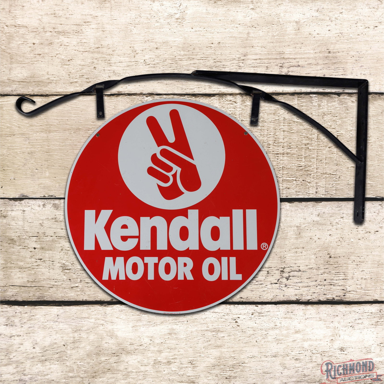 Kendall Motor Oils 23" Double Sided Tin Sign w/ Bracket: DST (double sided tin) sign with a metal bracket has excellent color and shine. Side #1 has light wear with fine scratches in the fields. The reverse is in a similar condition to the display. The meta