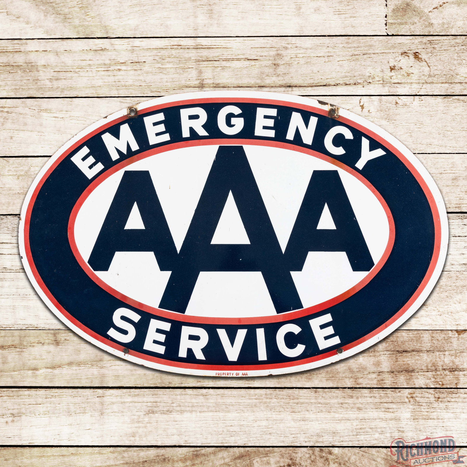 Triple A AAA Emergency Service 3' Double Sided Porcelain Logo Sign: DSP (double sided porcelain) sign has good color and gloss. The display has light wear with errant paint drips and slight fade to the red porcelain enamel. The perimeter has chips at the mount holes a